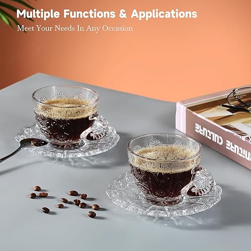 Miniatura 5 de Juego de 6 tazas de té y platillos de vidrio, tazas de café vintage con cuchara de acero inoxidable, aptas para lavavajillas y microondas, para jugo
