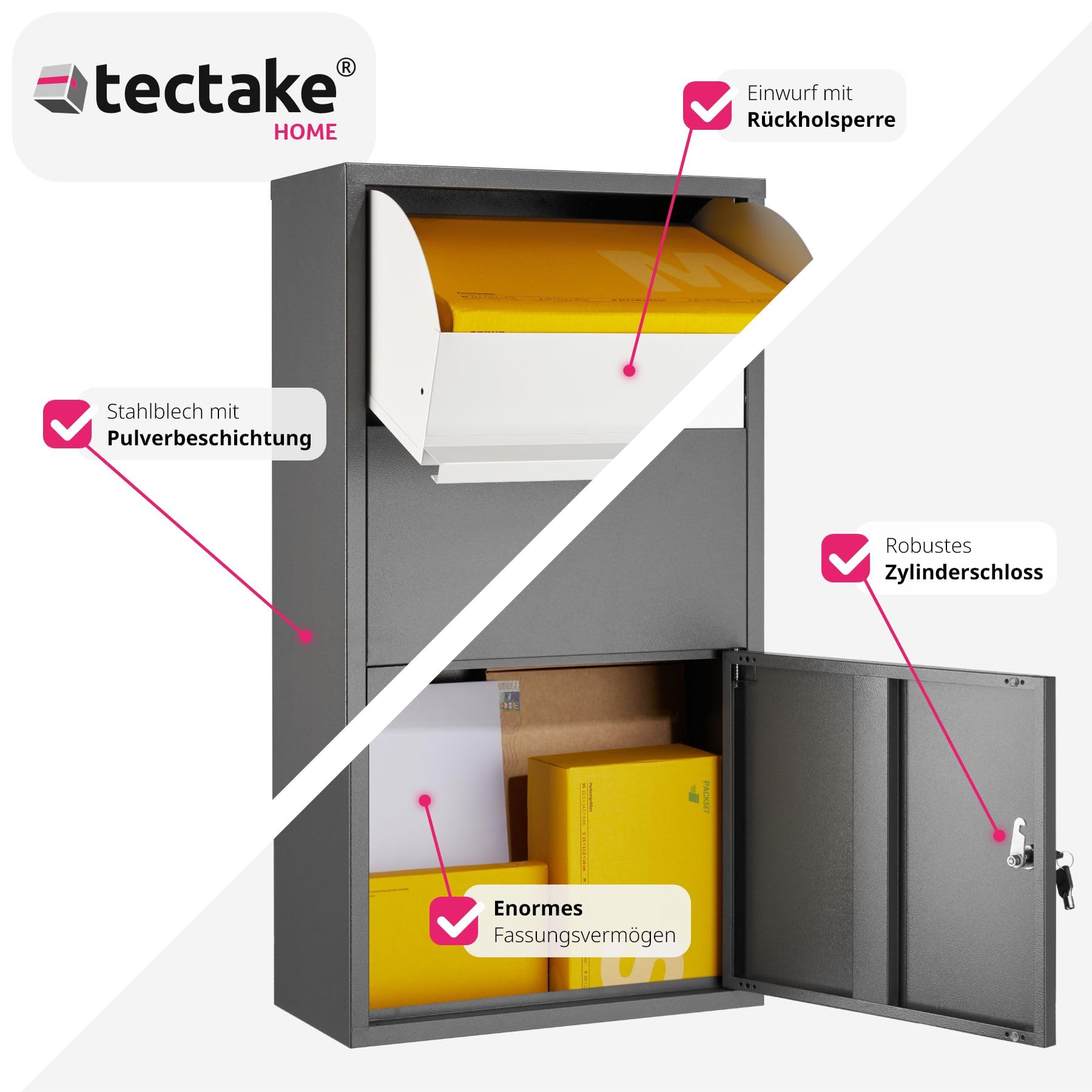 tectake® Paketbox, Briefkasten groß, Postkasten mit Schloss, 44 x 22 x 82 cm, mit Rückholsperre, Briefkasten XXL für Paket und Brief, massiv, Wandmontage, ermöglicht kontaktlose Zustellung