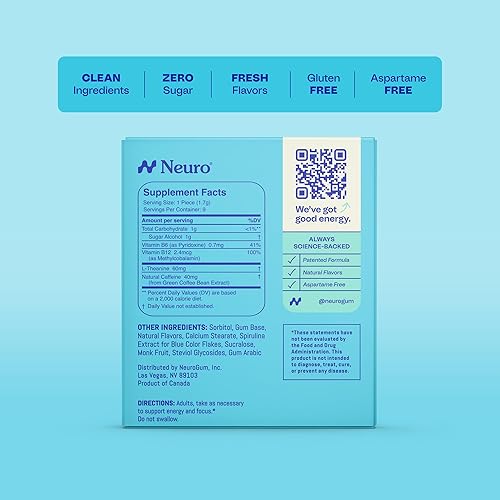 Vista 5 de Neuro Energy & Focus Gum - Goma de mascar de cafeína natural de 40 mg y suplemento energético nootrópico con L-teanina y vitaminas B, sin azúcar