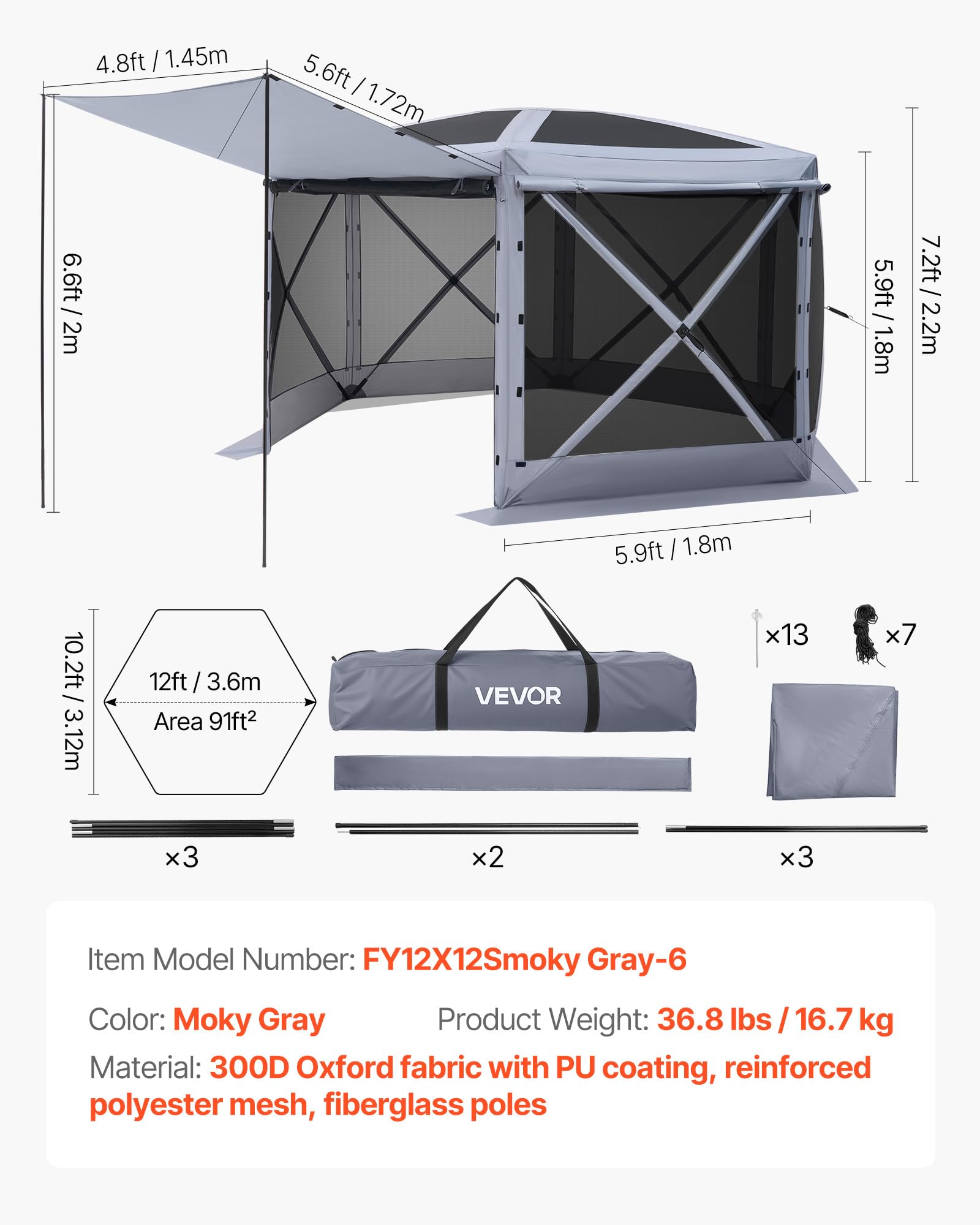 VEVOR Pawilon typu pop-up, 3,6 x 3,6 x 2,2 m, duży 6-stronny namiot kempingowy ze zdejmowanym dachem i torbą do przenoszenia, namiot imprezowy, ochrona przed słońcem dla 8-10 osób, do ogrodu, na