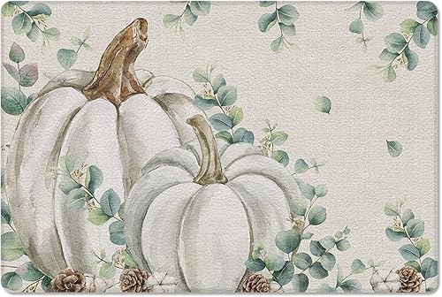 Miniatura 1 de Tapete de cocina acolchado antifatiga, diseño de acuarela, calabaza, hojas de eucalipto, para otoño, de Acción de Gracias, súper suave,