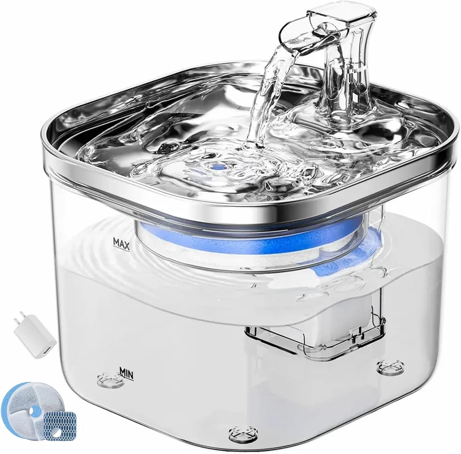 LKUWEE Pet Water Fountain 2L, 304 Stainless Steel Smart Pet Drinking Fountain, UltraQuiet and
