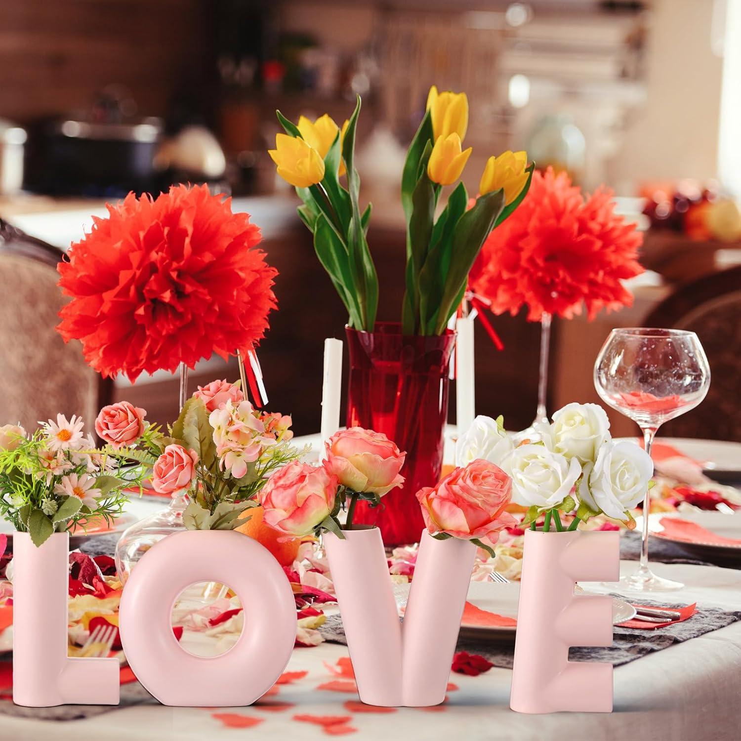 4 Pcs Valentines Love Vases Set Valentine's Day Decoration for Home Pink Love Shaped Resin Vase Small Pink Heart Flower Vases Gift Trendy Centerpiece for Wedding Party Modern Room Farmhouse