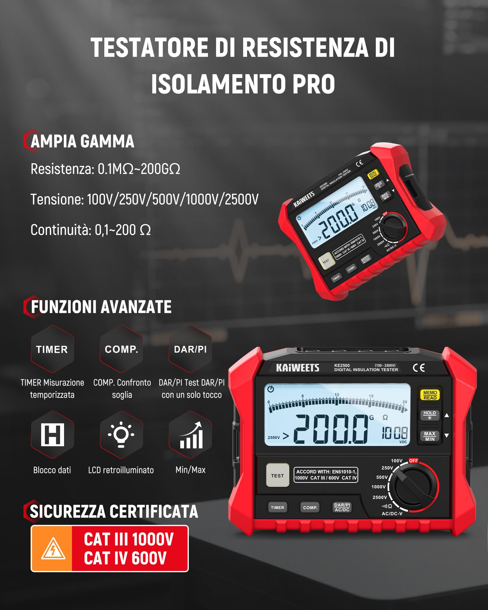 KAIWEETS Tester di Resistenza di Isolamento, Fino a 200 GΩ, Megohmmetro Professionale, 5 Gamme 100 V/250 V/500 V/1000 V/2500 V, DAR/PI One-Toch, Max/Min, Misura Resistenza, Tensione CA/CC