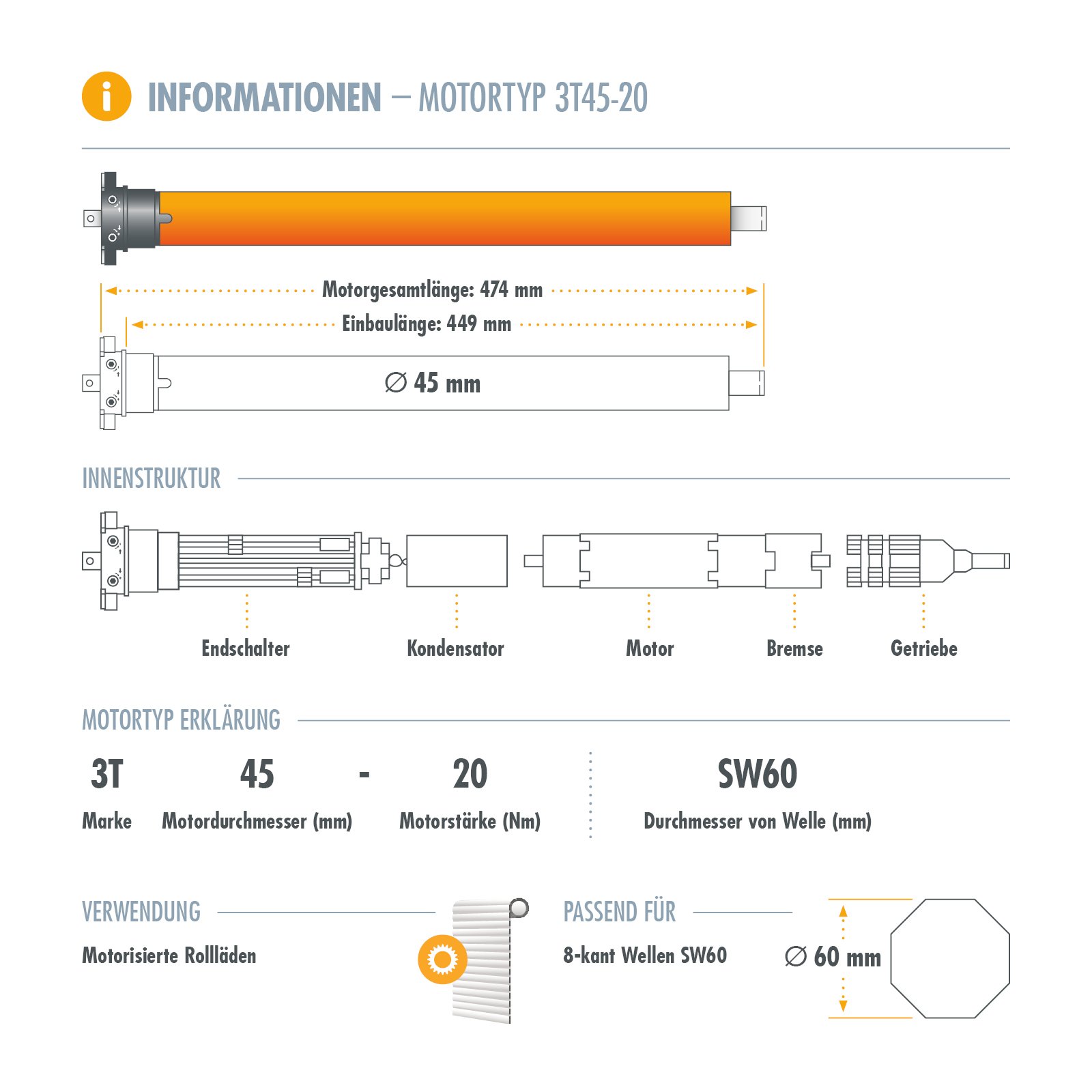 3T-MOTORS Rolladenmotor mit Wippschalter, Rollladenantriebs-Set Rohrmotor und Schalter, Rolladenantrieb 3T45-20 + Jalousieschalter, Rollladenmotor 20 Nm SW60 für 60 mm achtkant Welle