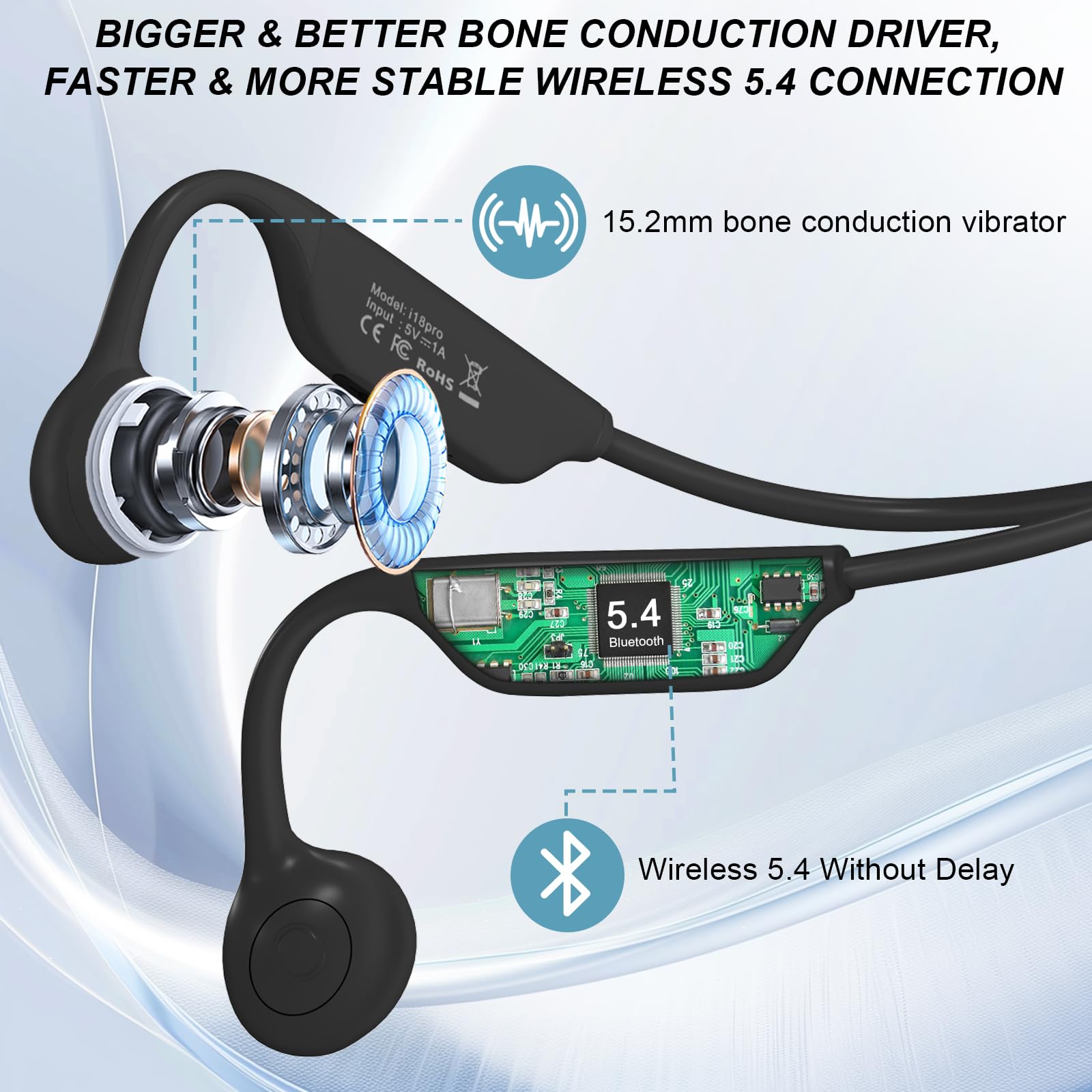 Cuffie a conduzione ossea, cuffie wireless 5.4 aperte con microfono, autonomia di riproduzione 8 ore, tappi per le orecchie, cavo elastico, auricolari impermeabili IPX6, per corsa, ciclismo