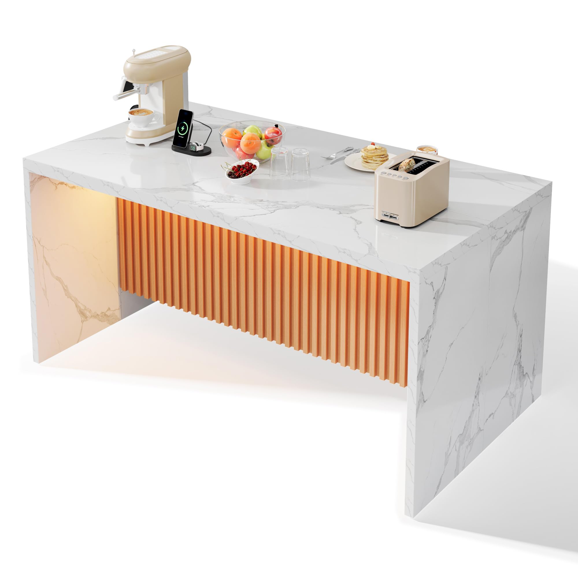 Isola da cucina, frontale in marmo bianco, 155 x 80 x 90 cm, piano di lavoro spesso 40 mm, isola da cucina moderna dal design industriale