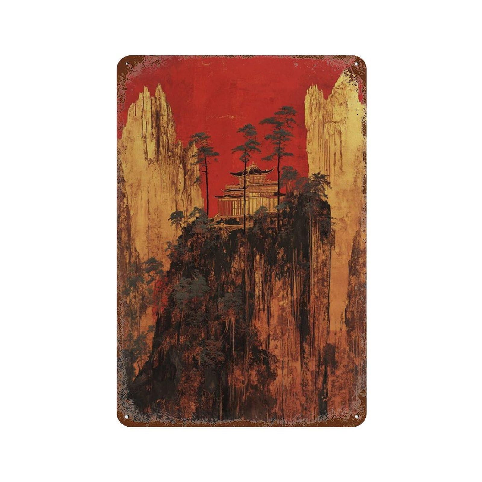 xiaoxiaoshen Red Gold Mountain Temple Asian Cliff Palace Dramatic Oriental Landscape Wall Decor Art Metal Tin Poster Modern Home Decor Art Home Bar Shop Decorations Vintage Sign 30x20cm
