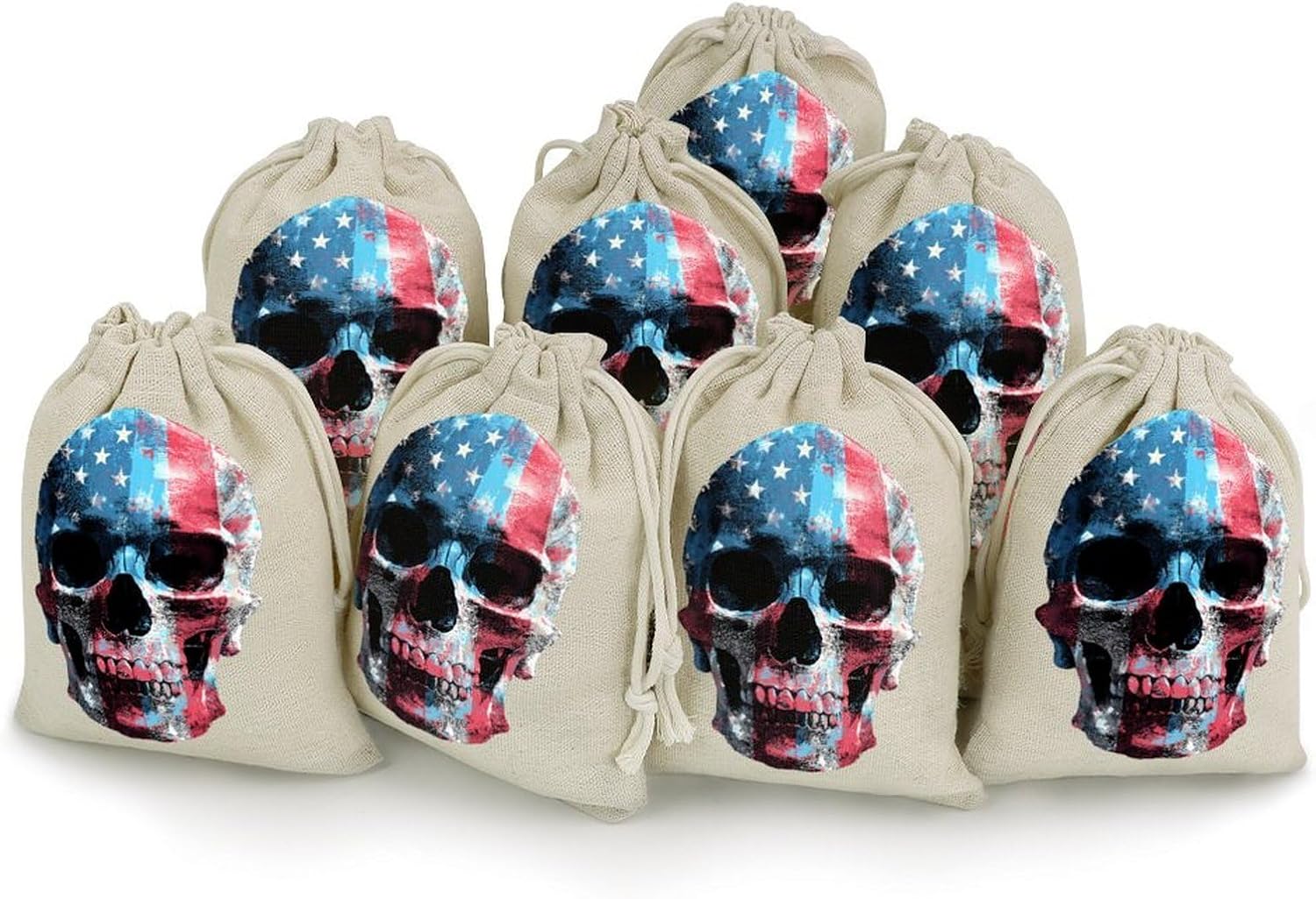 3d Skull U.S.A. Flag Drawstring Bags Cotton Linen Pack of 8 | Reusable Storage Gift Pouch Party Home Supplies