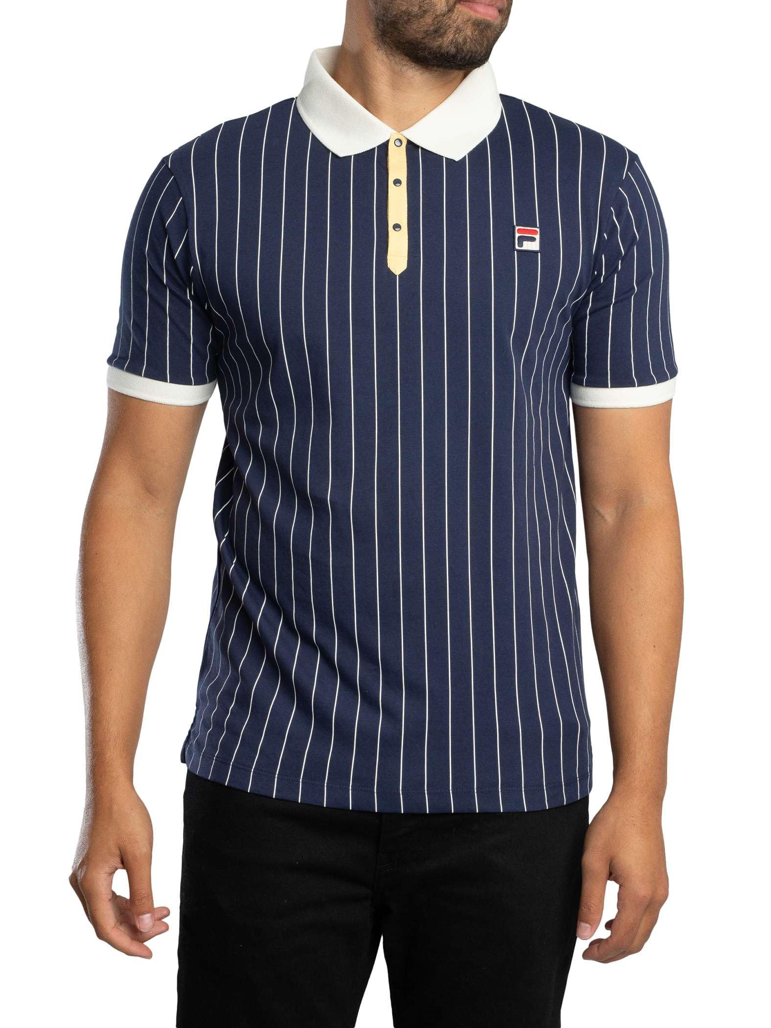 Fila Men's Navy/Raffia/Gardenia Bb1 Classic Vintage Stripe Polo Shirt, Xxl