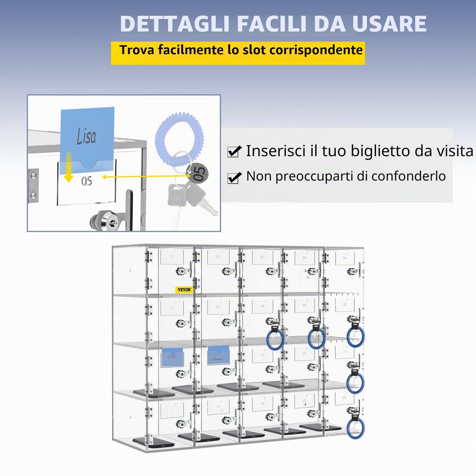 VEVOR Armadietto per Cellulare con 20 Scompartimenti Materiale Acrilico con Serrature e Chiavi, Armadietto da Parete per Ufficio Aula Palestra, Cassetta Deposito Oggetti, Acrilico Trasparente
