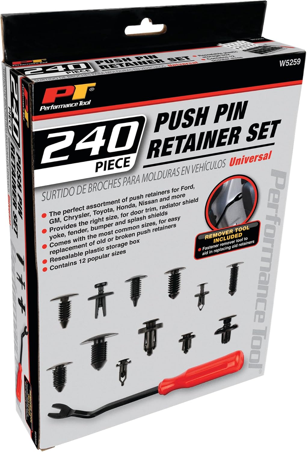 Performance Tool W5259 240Pc Bumper Retainer Clips Car Plastic Rivets Fasteners Push Retainer Kit & Trim Rivet Removal Tool for Fasteners, Car Panel Door Interior, or Window Trim