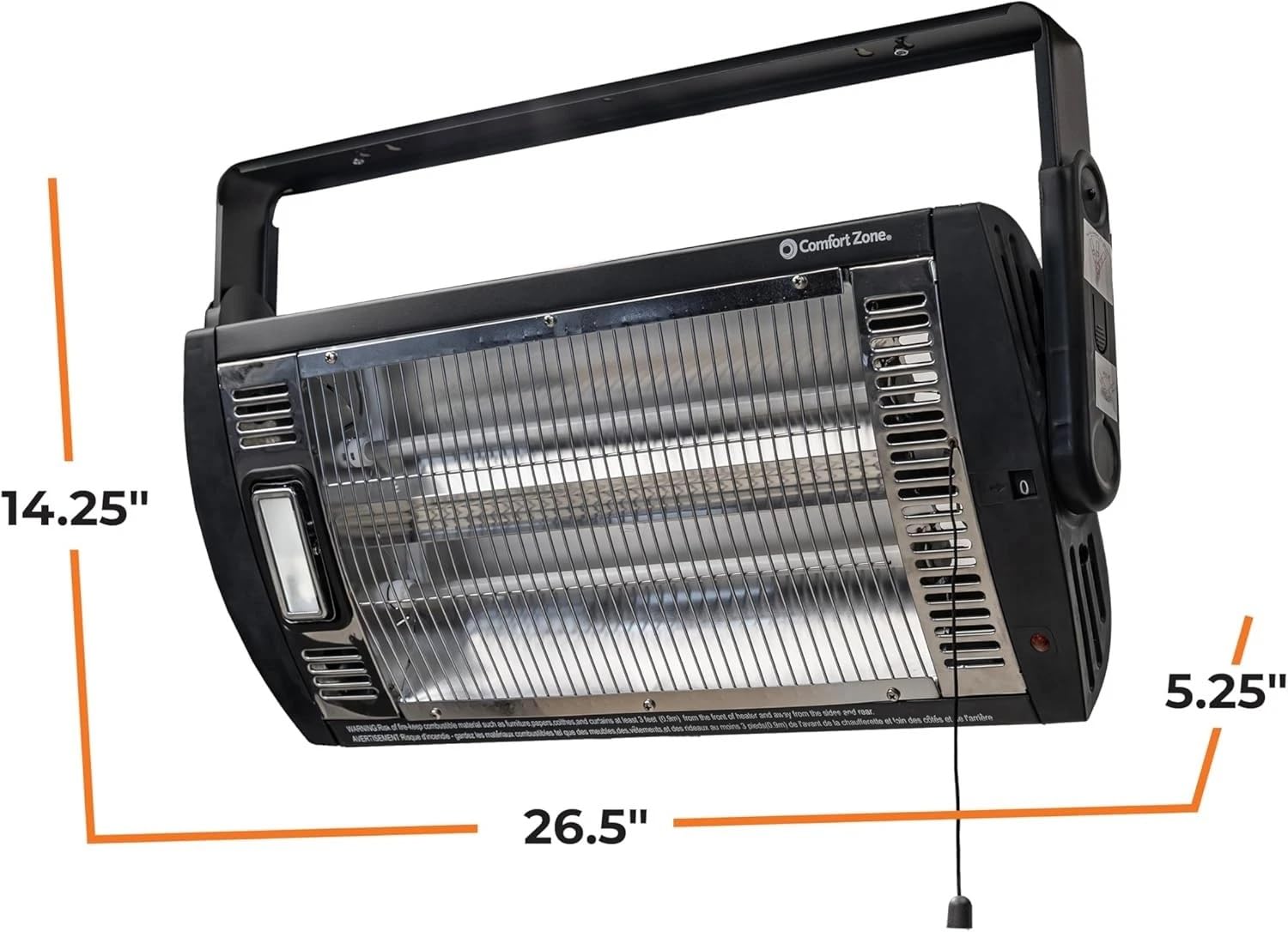 Comfort Zone 1500W Ceiling Mounted Dual Quartz Radiant Heater Infrared Workshop Heater with 90 Adjustable Tilt Built-in Halogen Light & Pull String Control Overheat Protection Black product thumbnail 7