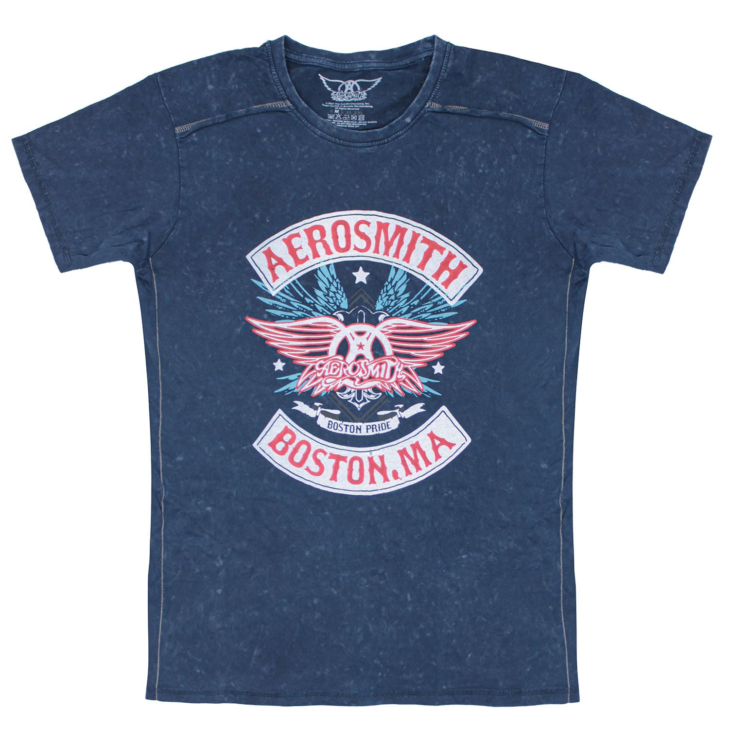 Aerosmith T Shirt Boston Pride Band Logo Official Mens Navy Blue Snow Wash XL