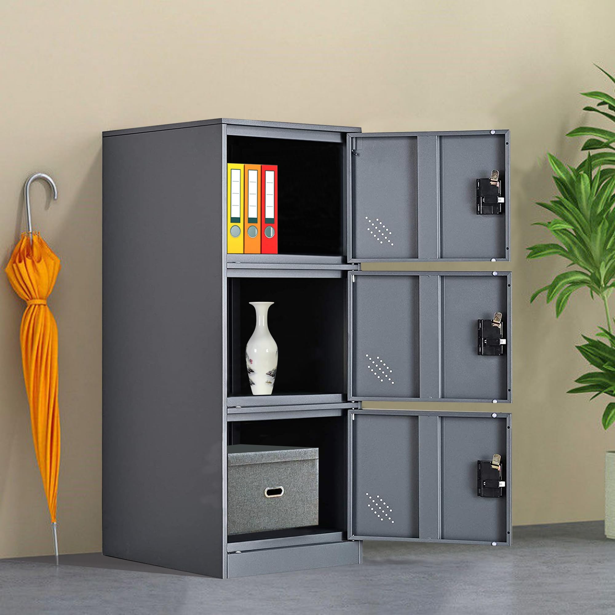 MECOLOR Casier de Rangement Vertical avec loquet à Cadenas, Petit Meuble de classement de Bureau avec 3 Portes, Armoire de Rangement d'angle en Acier pour Salon, Salle de Sport (Gris, 3D)