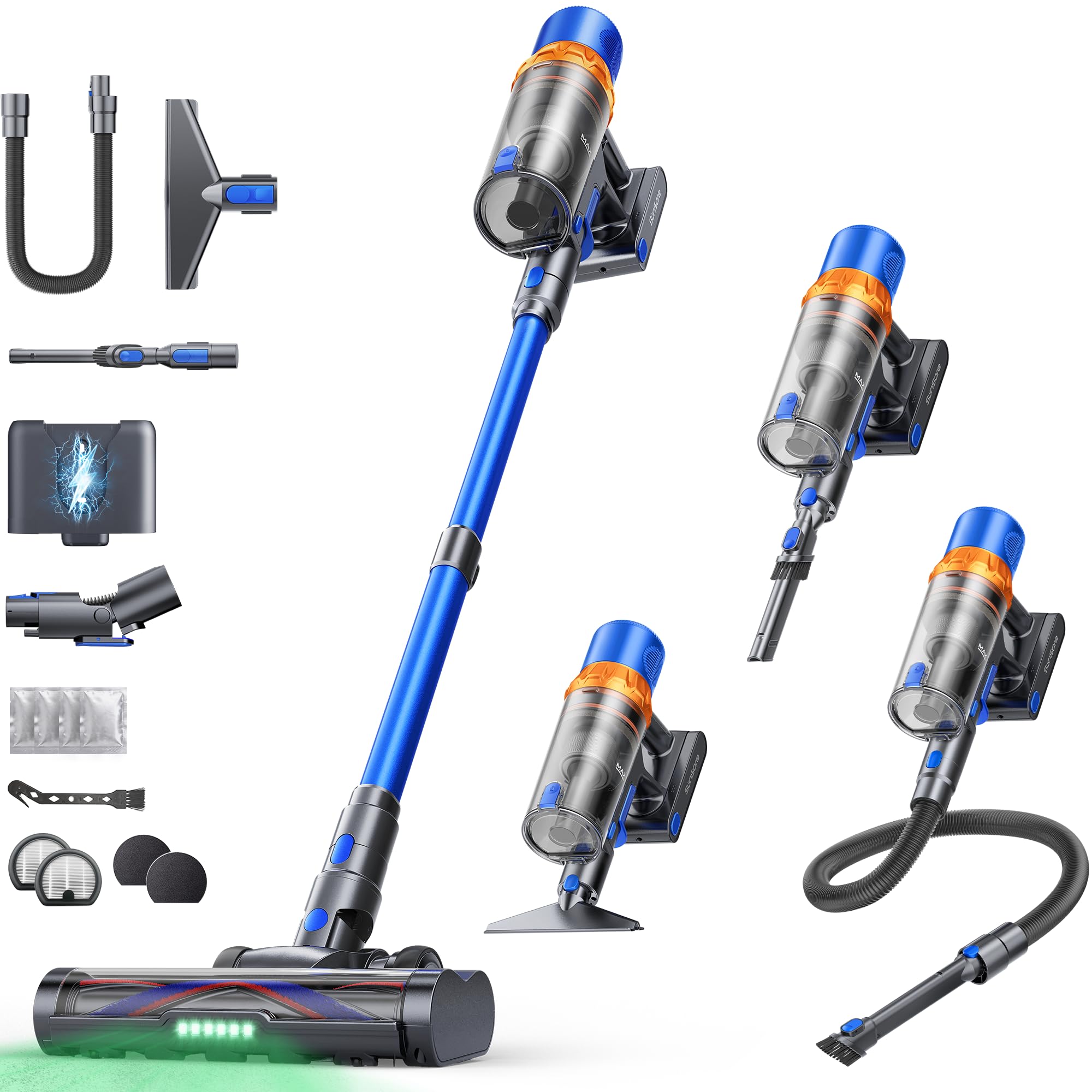SunSare Akku Staubsauger Kabellos 600W/50000Pa/65Min, Akkustaubsauger mit 1M Schlauch, Aromafunktion, Flexibles Biegegelenk, Wandladehalterung, Automatikmodus für Hartböden Teppiche Tierhaare