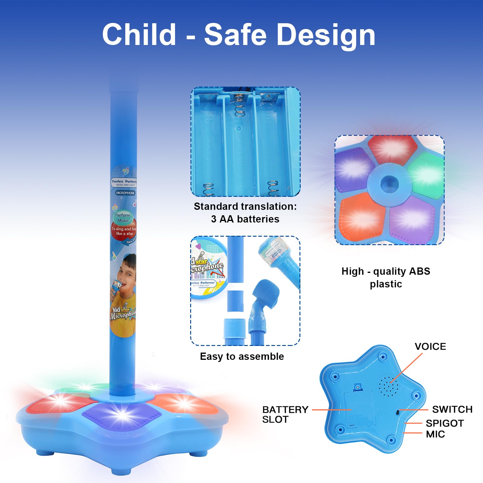 Micrófono de karaoke para niños con soporte ajustable, micrófono de pie para cantar portátil, auriculares retráctiles para cantar música, base de luz intermitente para niños y niñas de 3 a 6 años 7