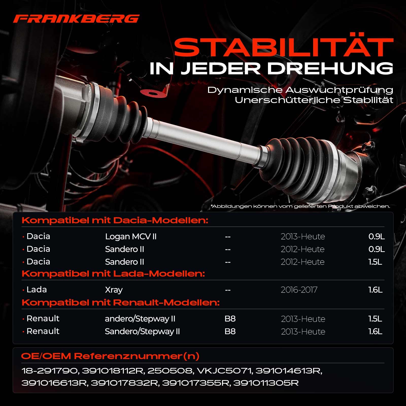 Frankberg Antriebswelle Achswelle ohne ABS-Ring Vorderachse Links Kompatibel mit Clio IV BH Logan/Stepway II B8 San.dero/Stepway II B8 San.dero II Xray Replace# 391016613R