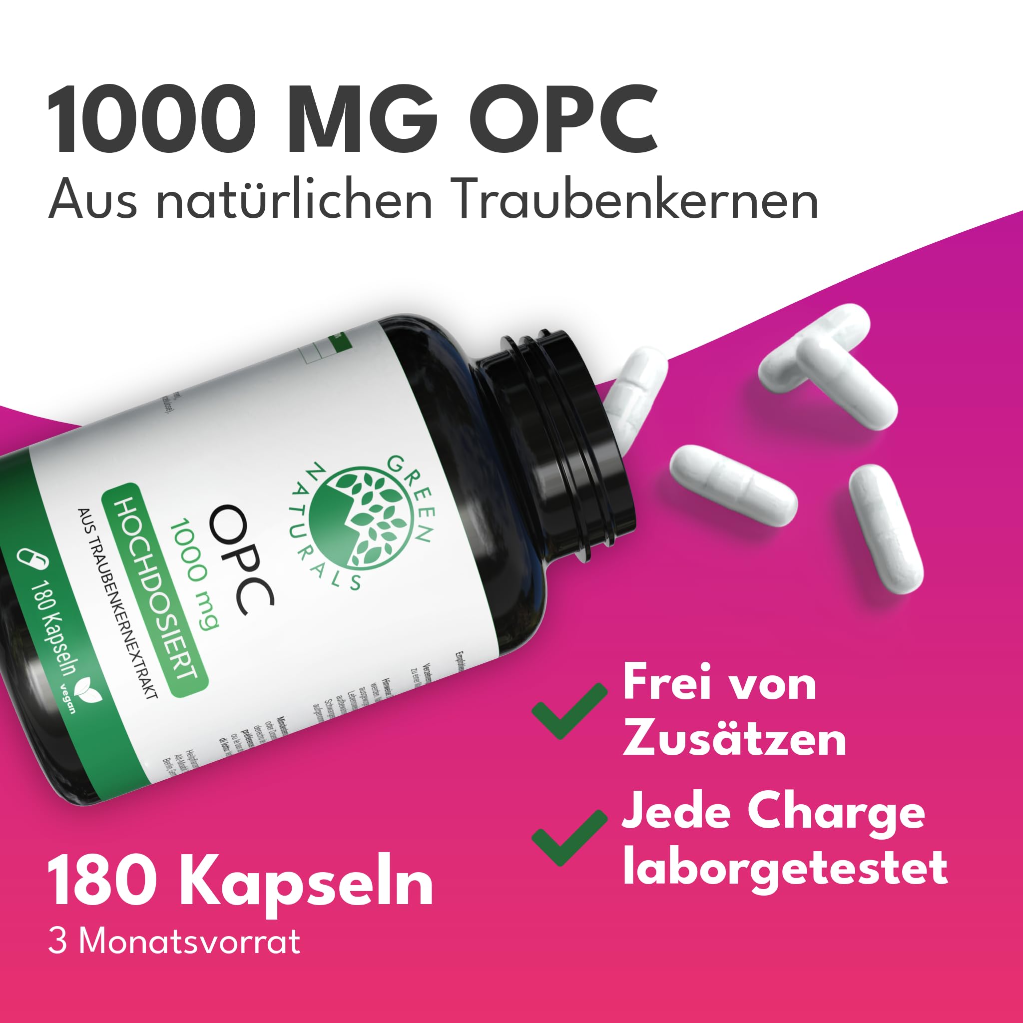 Green Naturals OPC Traubenkernextrakt – Hochdosiert: 1.250 mg Extrakt | 1.000 mg OPC pro Tagesdosis · 180 Kapseln · 3-Monatsvorrat