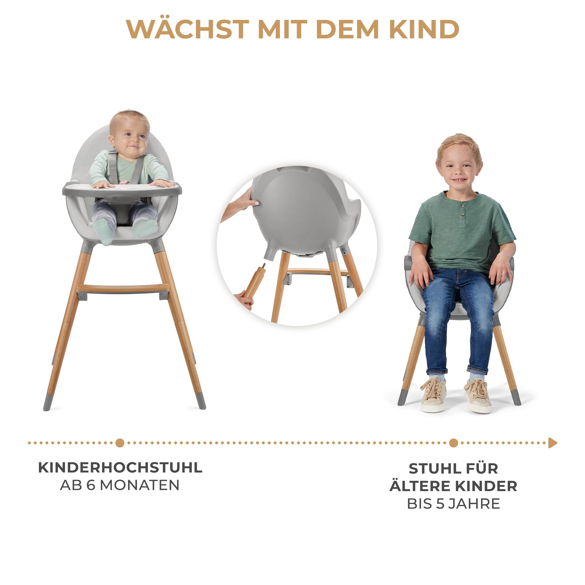 Kinderkraft Hochstuhl FINI2 2 in 1, Kinderhochstuhl, Babystuhl, Kombihochstuhl, Beine aus Holz, Sicherheitsgurte, Fußstütze, Doppeltablett, ab 6 Monate bis 5 Jahre, 5 Punkt Gurte, Grau