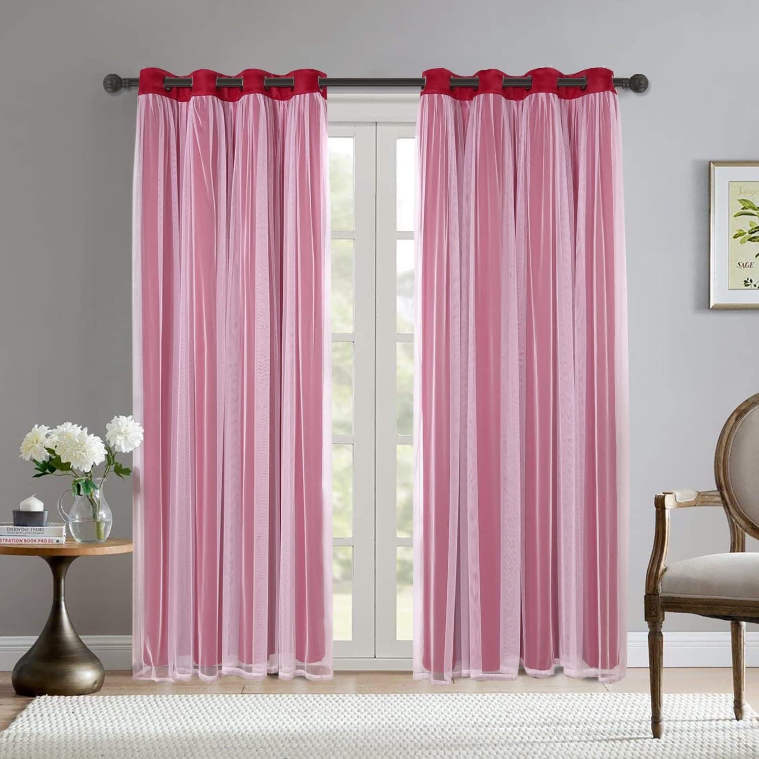 BONZER Dual Layers Grommet Top Mix and Match Blackout Curtains with White Sheer Voile for Living Room, Red, 52x84 Inch, Set of 2 Panels