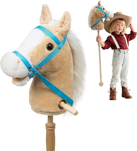 HollyHOME Caballo de palo de peluche Caballito de juguete artesanal con palo y ruedas de madera con sonidos reales de relincho y galope de poni para