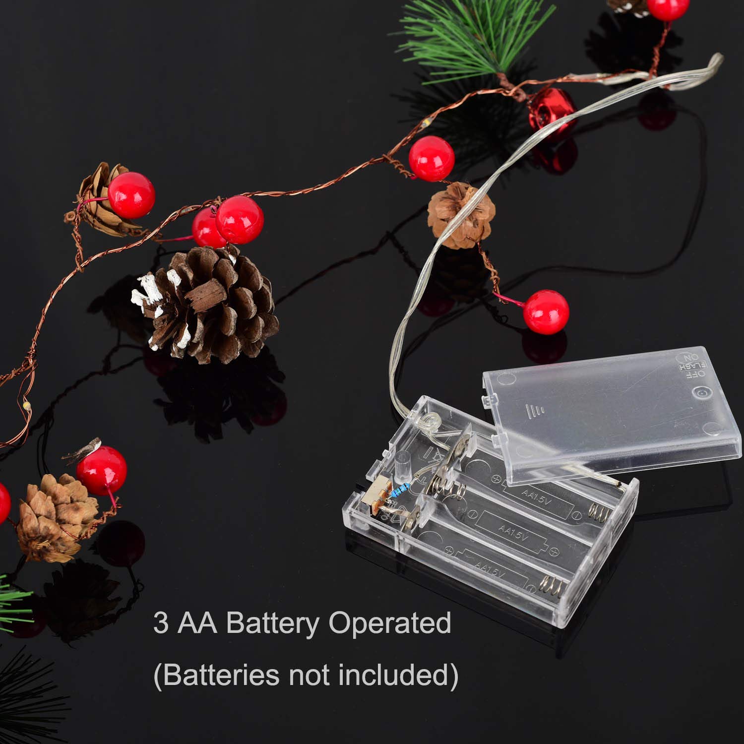 Weihnachtsgirlande mit Lichtern, rote Beeren mit Tannenzapfen, Girlande mit Lichtern, 16,5 m, 20 LEDs, batteriebetrieben, Tannenzapfen, Lichterkette für Innen- und Außenbereich