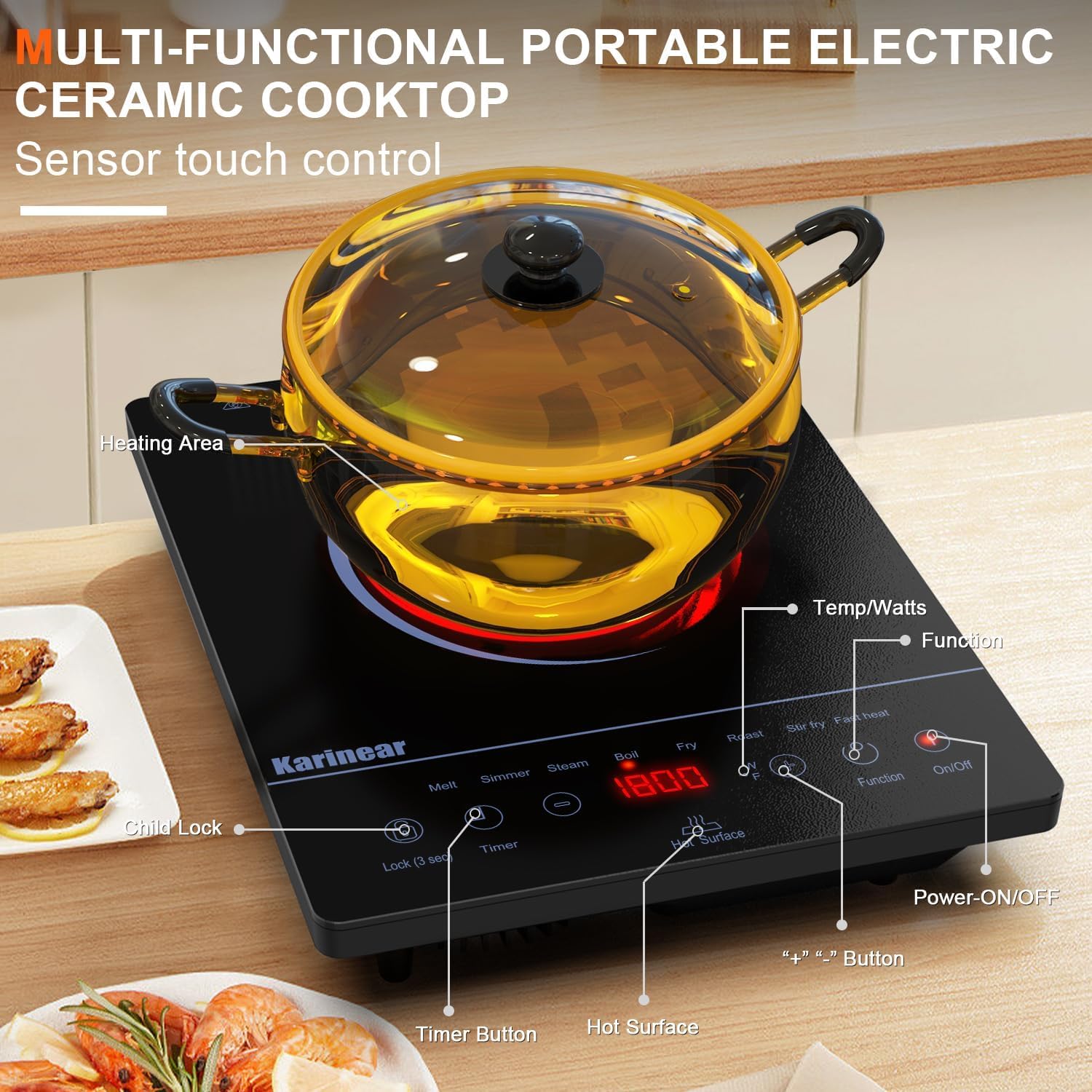 Karinear Portable Ceramic Hob Pulg in Single Electric Hob with 4-Hour Timer 9 Power Levels Up to 2000W, 8 Pre-set Functions Touch Sensor Control Safety Lock — view 2