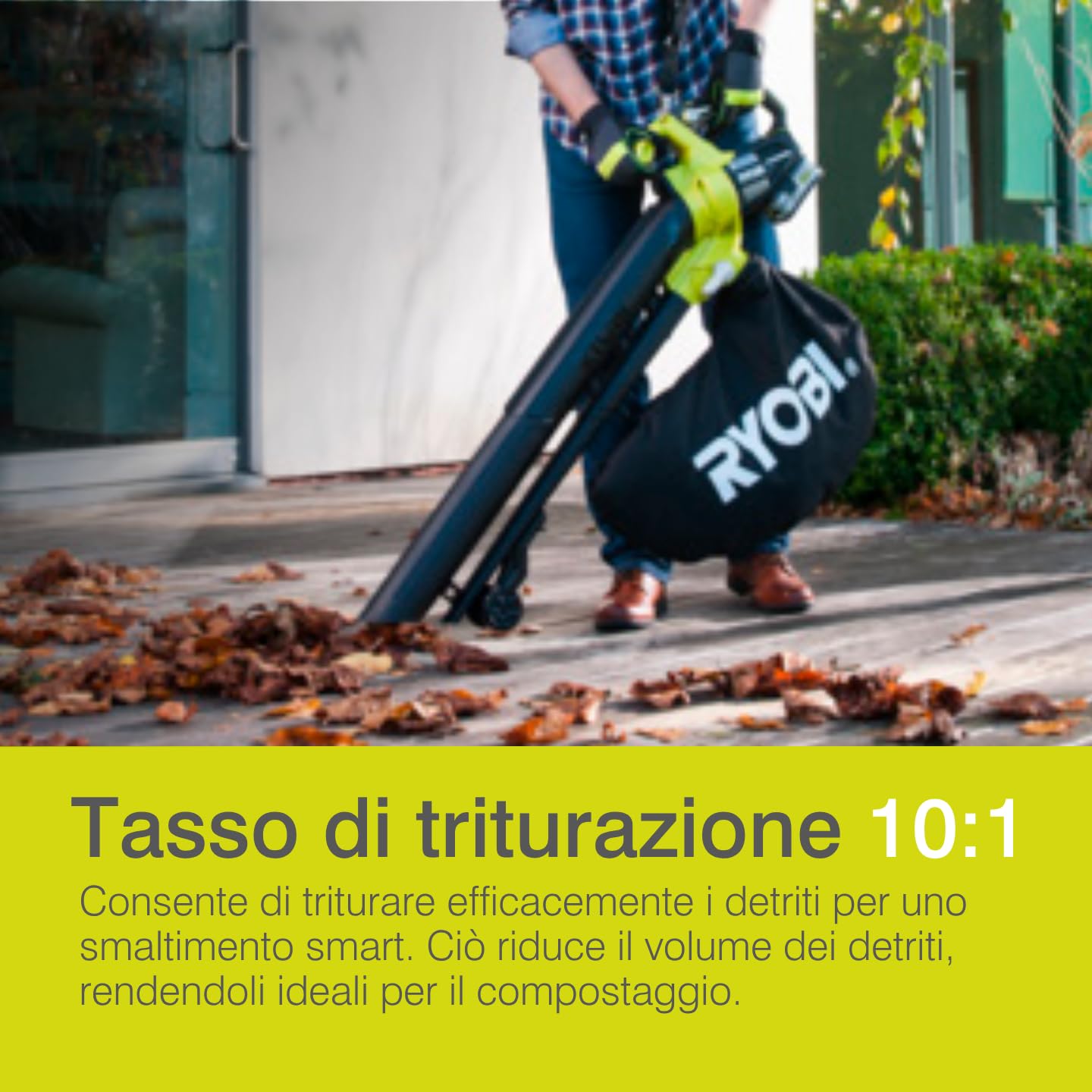 Ryobi Soffiatore Aspiratore Brushless a Batteria 18V ONE+, Aspiratore e Soffiatore 2-in-1, con Lame Metalliche Tritura Foglie, Sacco di Raccolta Incluso, Batteria Non Inclusa, OBV18