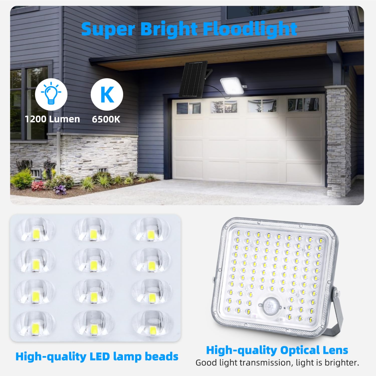 Aigostar Foco LED solar exterior con gran panel solar,Súper Luminoso,8000mAH,Batería gran capacidad,Impermeable IP66 Luz Solar,lampara solar con detección de movimiento para jardín,6500K,2 Piezas
