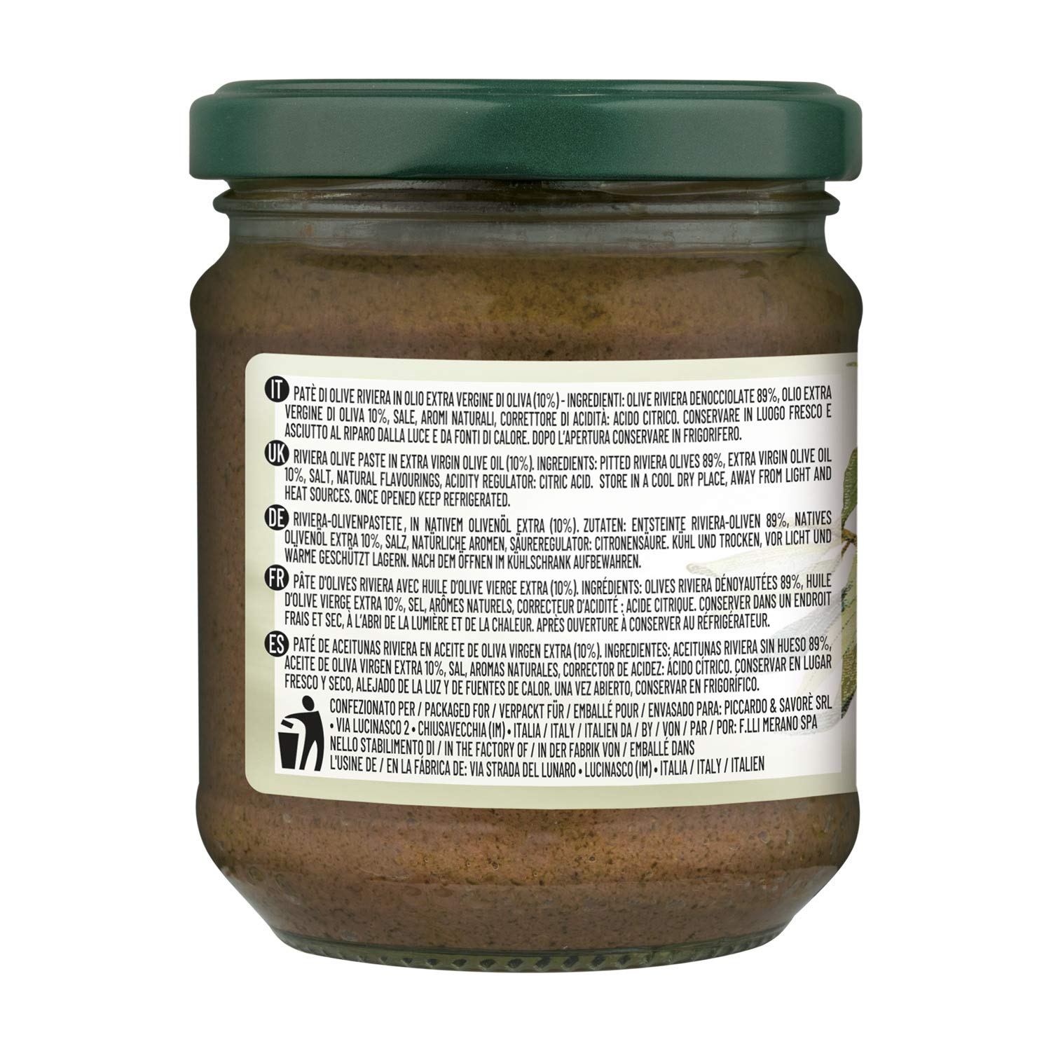 Le Terre di Colombo Pasta de Aceitunas, Riviera en Aceite de Oliva Virgen Extra 10 %, Tarros de 212 Ml Lote de 6