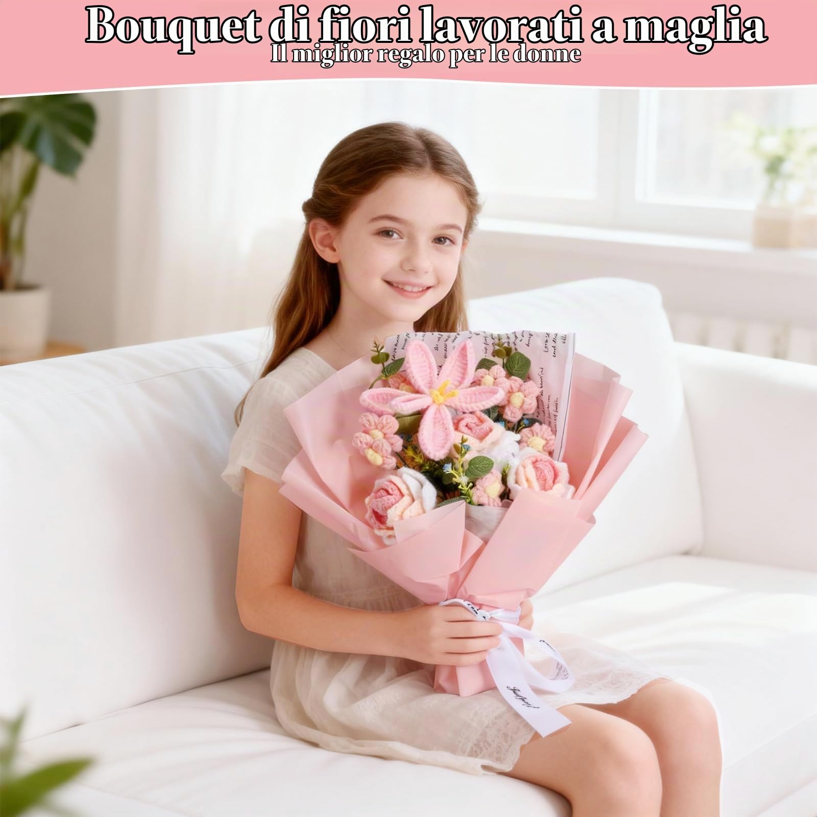 Bouquet Fiori Uncinetto, Fiori Artificiali Adatti come Idee Regalo per Festa della Mamma, Natale, Anniversario, Matrimoni, Compleanni e Decorazioni Domestiche, Completo di Sacchetti Regalo (Tulipano)