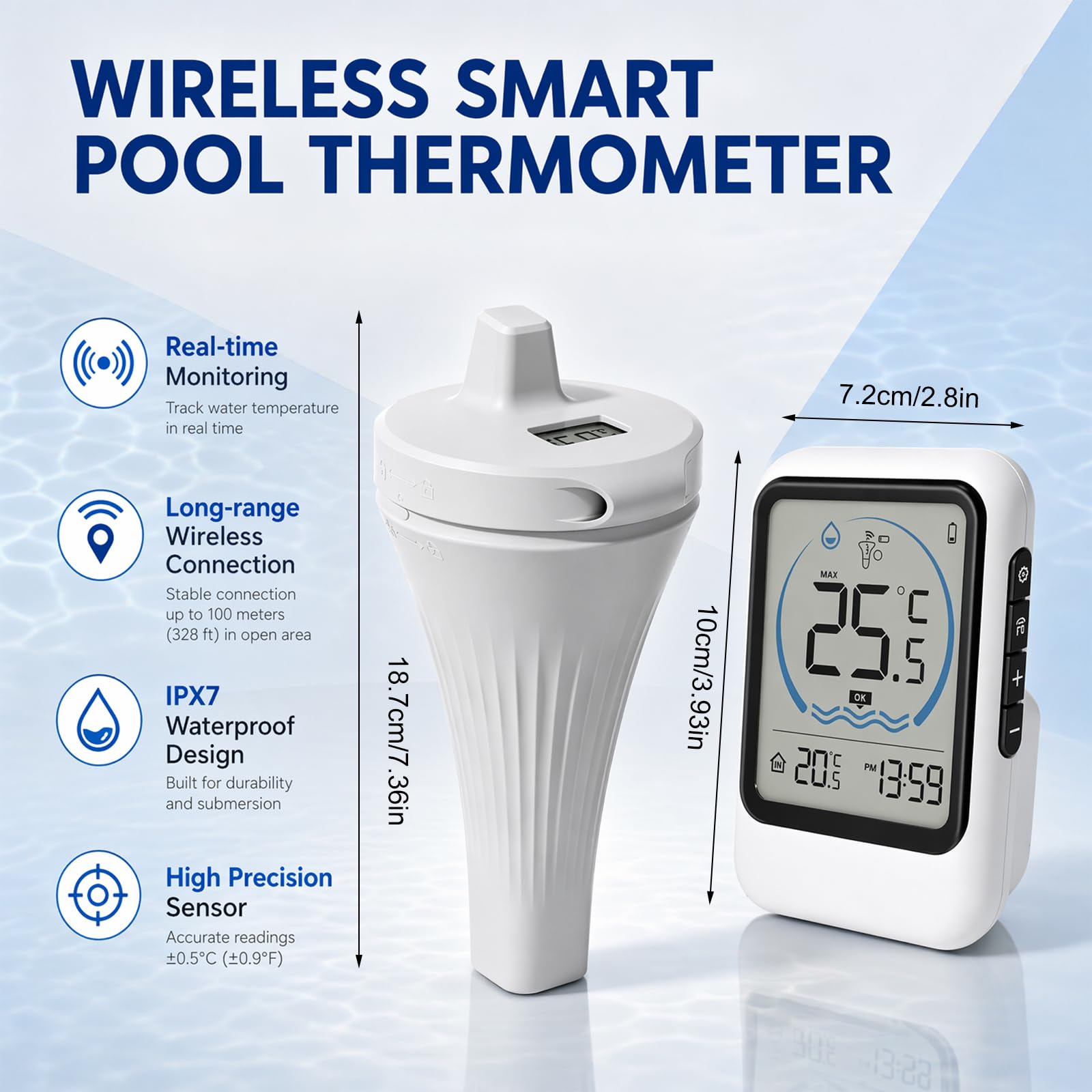Termometro da piscina senza fili, IP68, impermeabile con display LCD, termometro digitale per piscina, vasca da bagno, acquario, laghetto