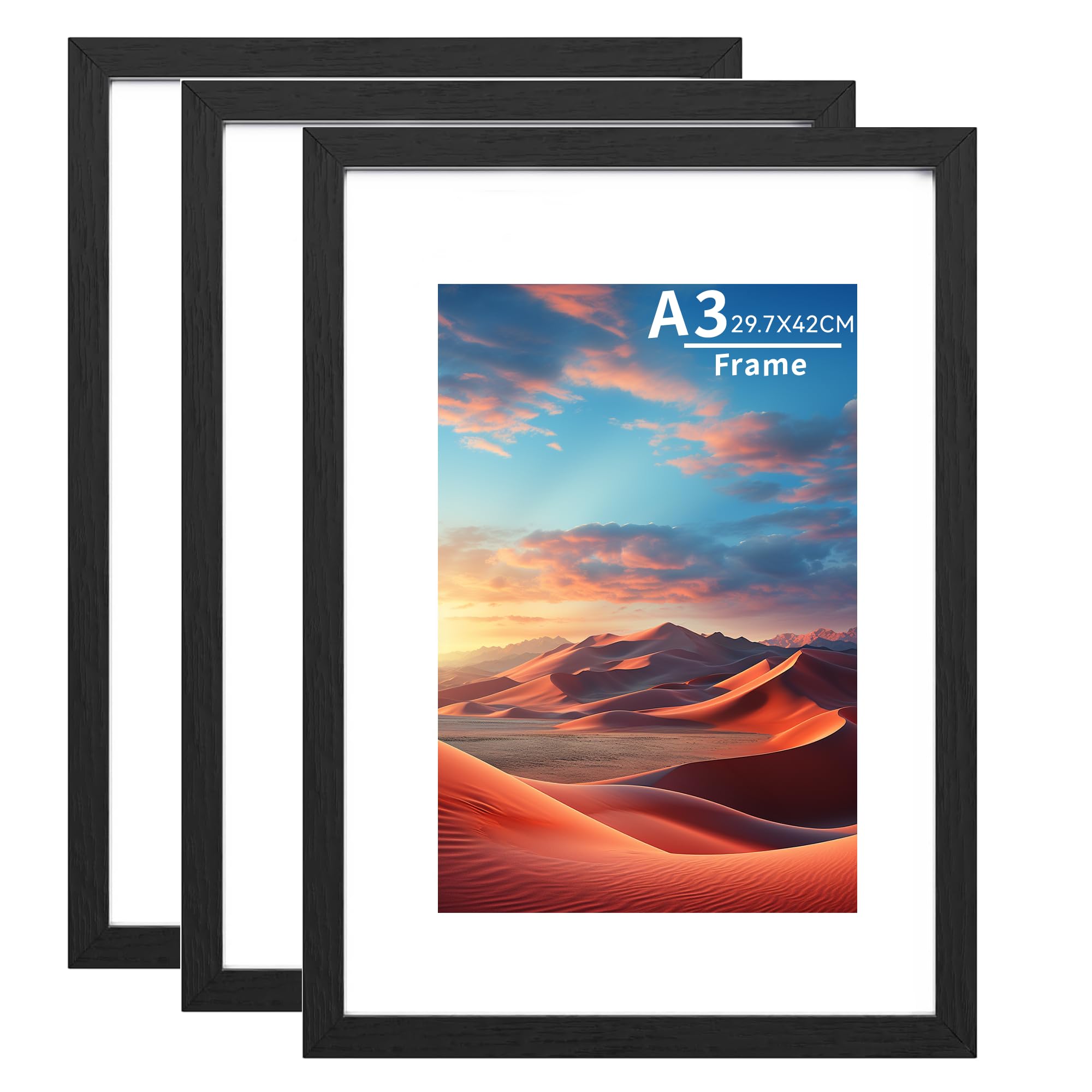 A3 Picture Frame Wooden Set of 3,Picture Frames with A4 Mount,A3 Photo Frame with Acrylic Glass, A3 Poster Frame with Wall Hanging,Certificate Frames Landscape or Portrait Orientation,Black — image 1