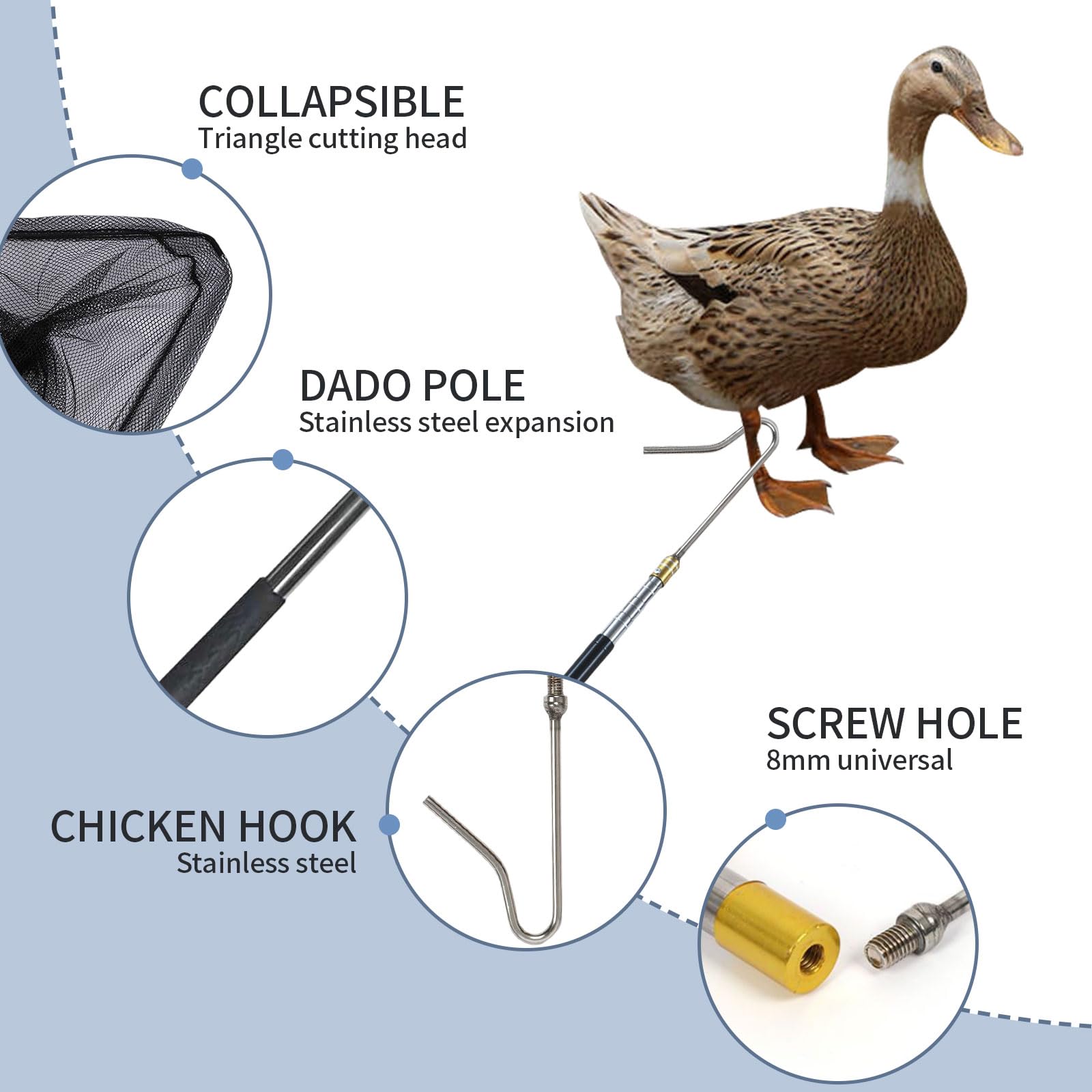 2 en 1 Évolutif Poulet Cuissard Jambe Crochet Outil et Filet de Poulet en Acier Inoxydable Évolutif Long Poulailler Filet de Capture de Poulet pour Attraper Poisson Volaille