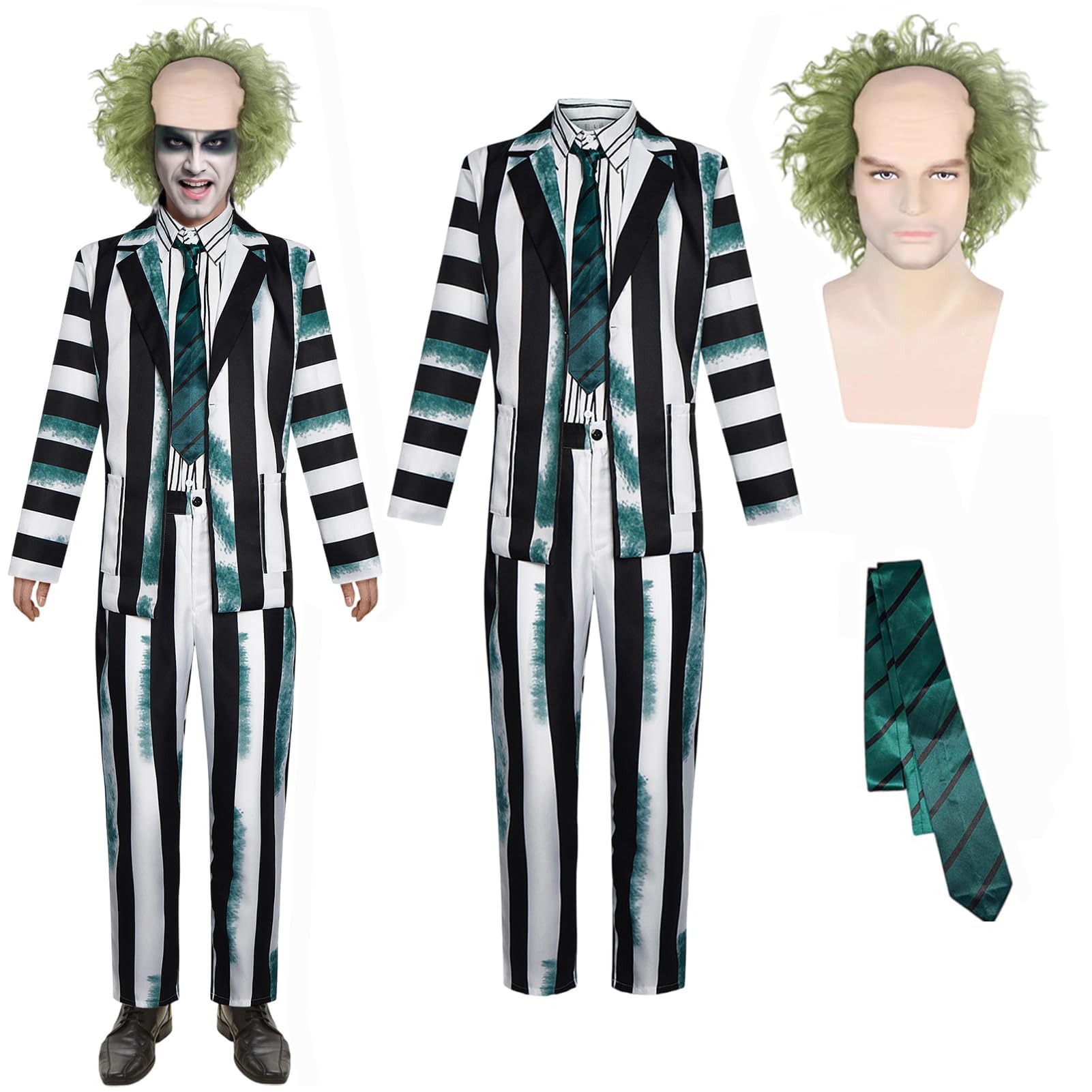 Antsparty Men Black and White Striped Suit, Scary Halloween Costumes Set with Coat Trousers Wig Tie, Men Scary Halloween Outfit