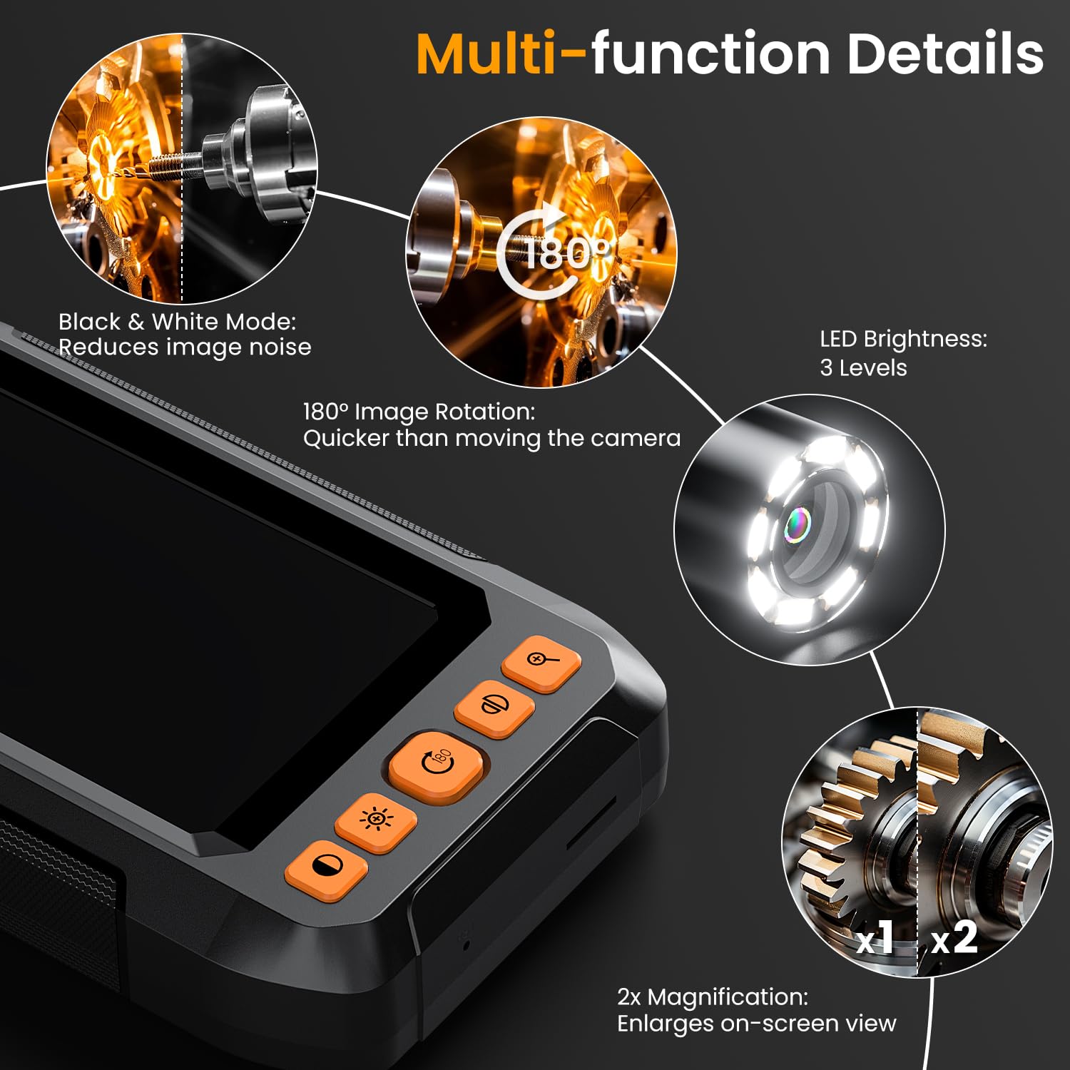 ILIHOME Caméra d'Inspection Industrielle 1080P HD, Écran IPS 4,3 Pouces, Câble Semi-Rigide 5M, 8 LED Réglables