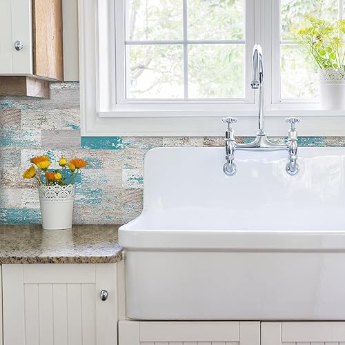 Miniatura 4 de DEWOO Azulejos autoadhesivos para salpicaduras de 20 hojas estilo granja, cocina y baño, turquesa (13.5 x 11.4 pulgadas)