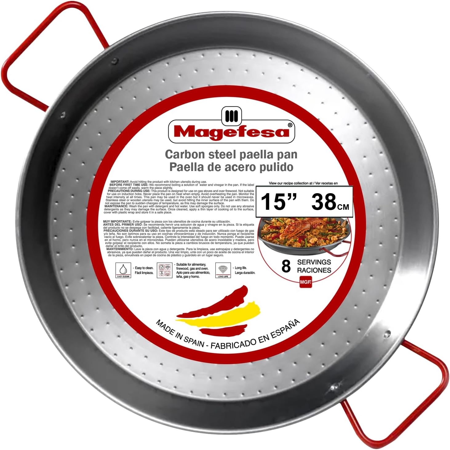 Magefesa 15" Carbon Steel Paella Pan – 38 cm - 8 Servings, Durable & Lightweight with Dimpled Surface, Ideal for Outdoor Cooking & Traditional Valencian Paella