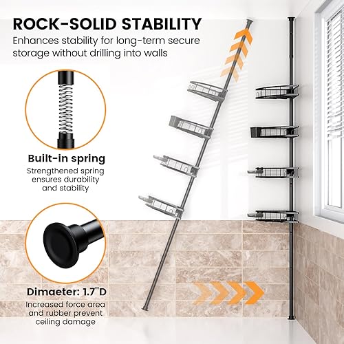 Miniatura 6 de Esquina de ducha con poste de tensión estantes organizadores de baño ajustables de 4 niveles - Estante de champú para bañera a prueba de óxido de