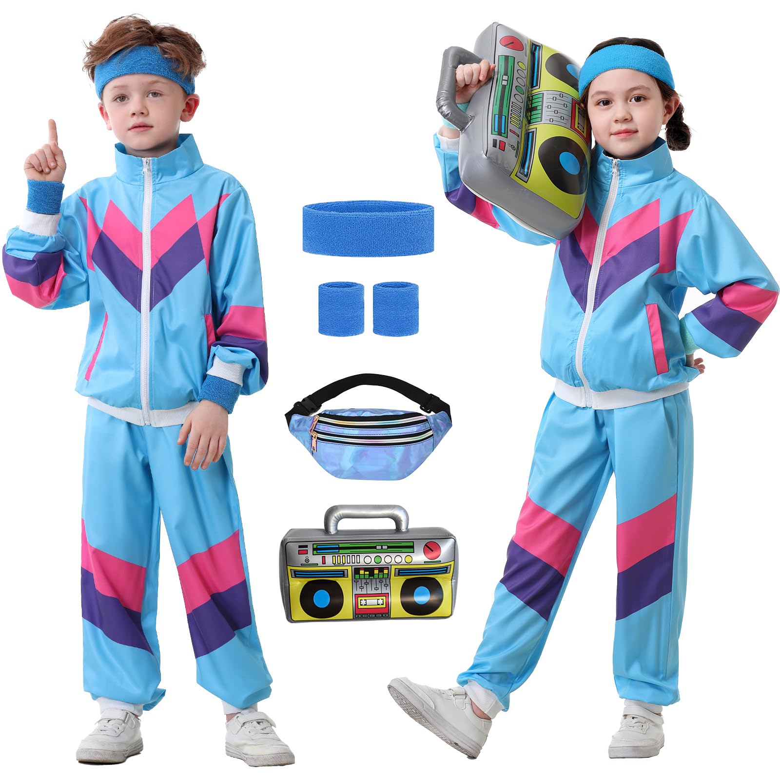 Ezuwail Traje deportivo para niños de los años 80 y 90 para niños y niñas, 6 piezas, unisex, retro, cortavientos, entrenamiento, hip hop, disfraz de baile