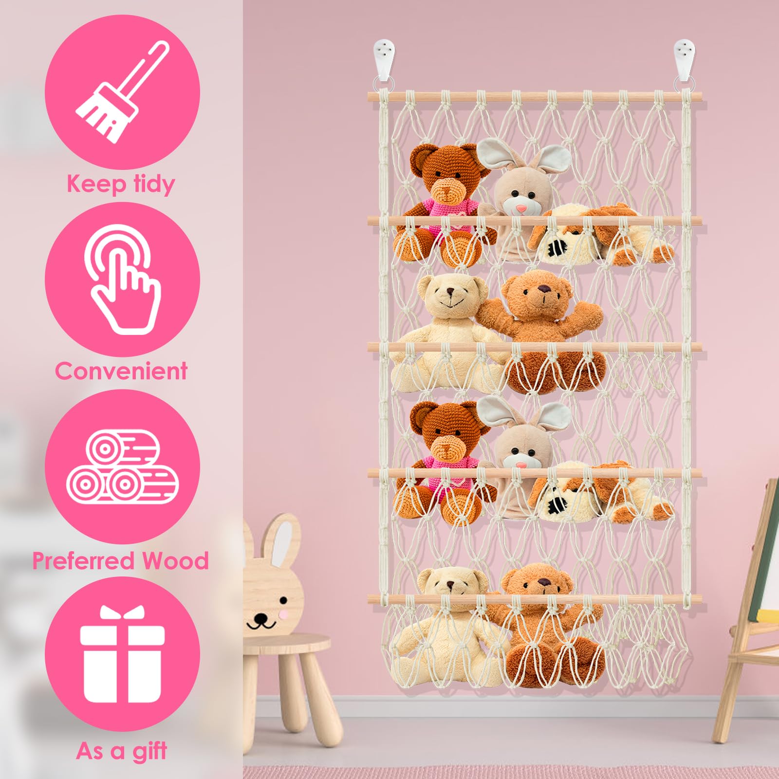 Stuffed Animal Storage Hammock or Net, 4 Layers Large Boho Toy Hammock Net, Wall Mounted Corner Hanging Stuffed Animal Holder Toy Plush Storage Plush Doll Holder (White)