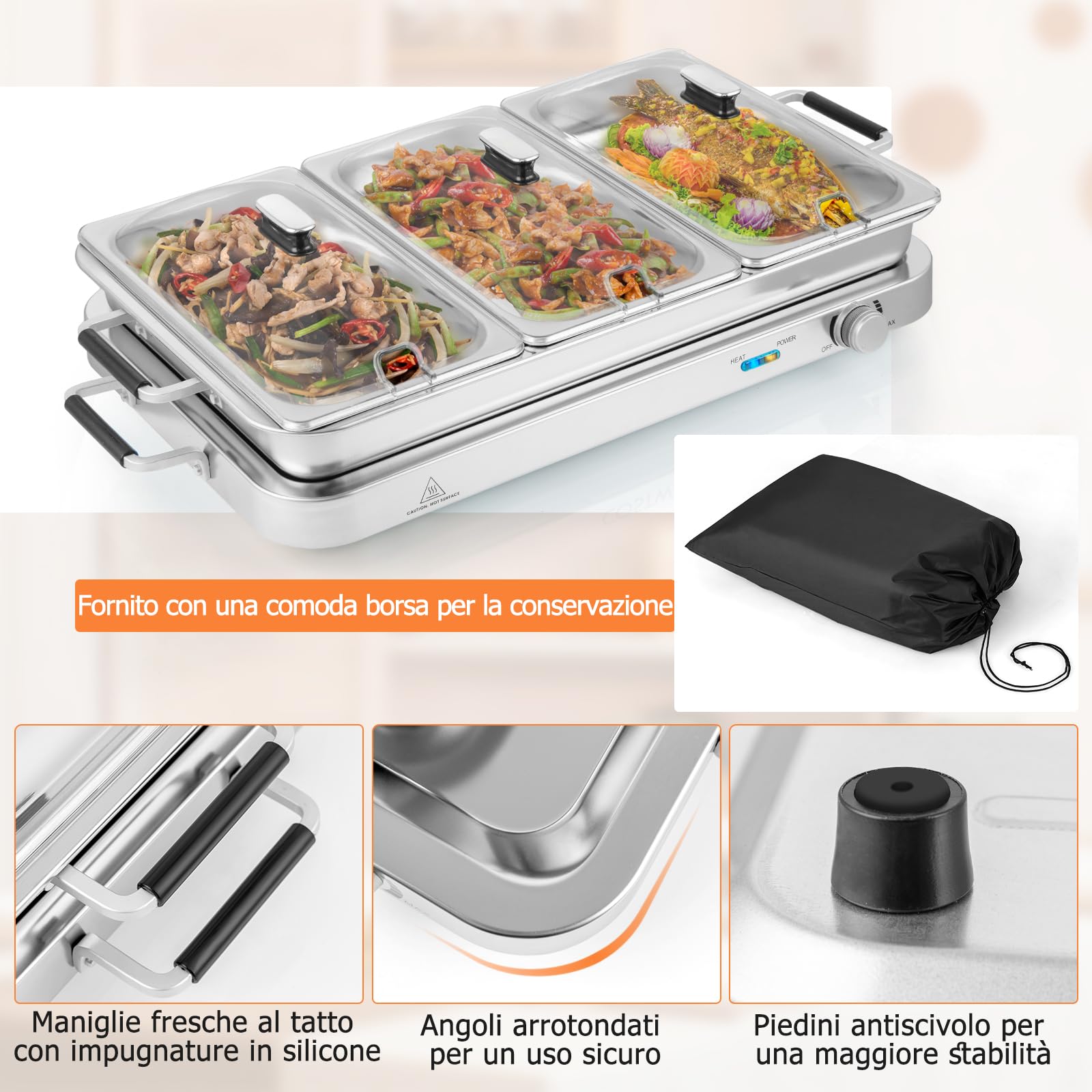 GYMAX Vassoio per Buffet Elettrico, Scaldavivande 2-in-1 con 3 Coperchi e 8 Vassoi in Acciaio Inox da 8 L, Borsa da Trasporto, Piastra Riscaldante Portatile con Controllo di Temperatura per Feste