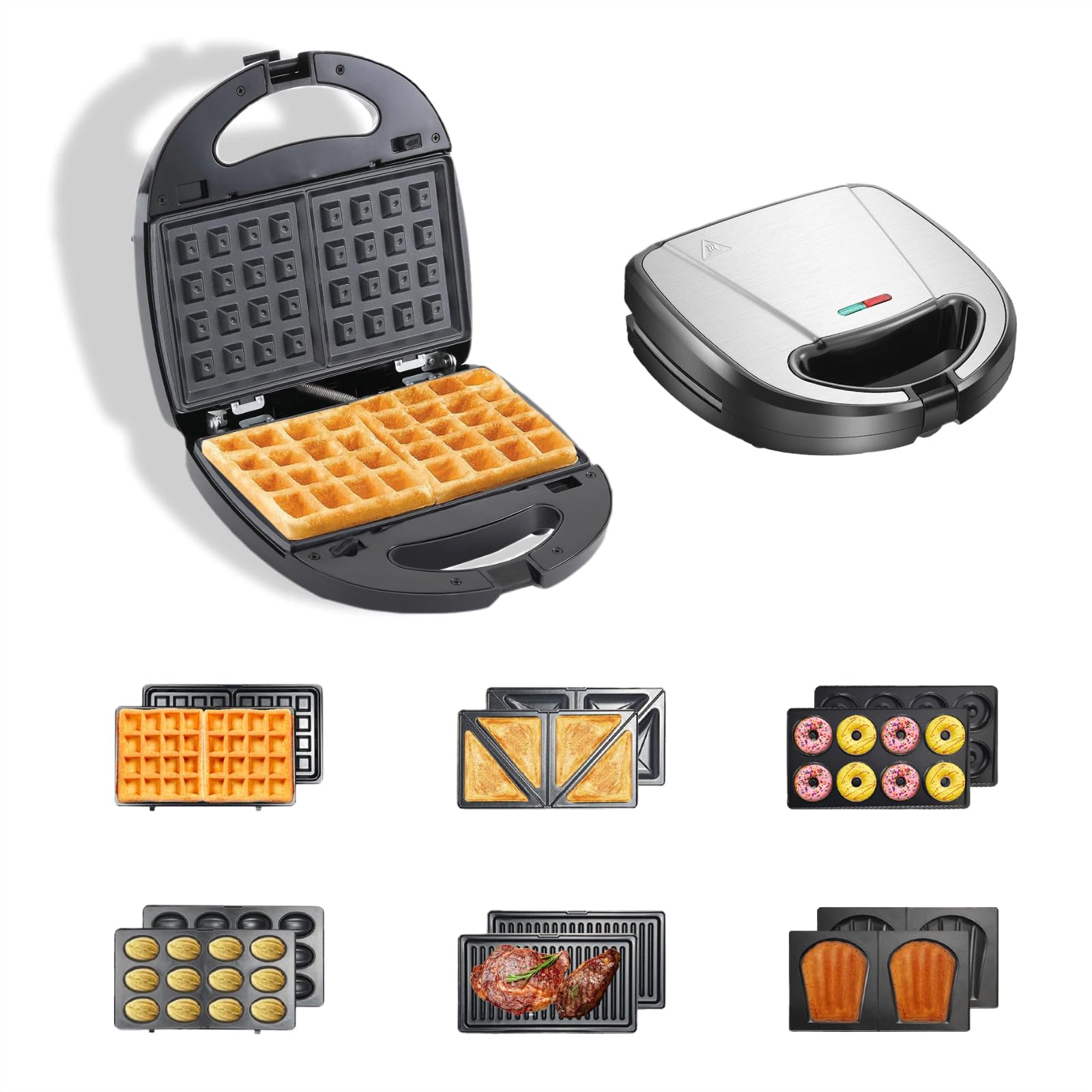 OKYUK Sandwichmaker mit 6 wechselbaren Platten, 750W Sandwichtoaster Waffeleisen mit Antihaftbeschichtung für Frühstück, Panini und Grillen