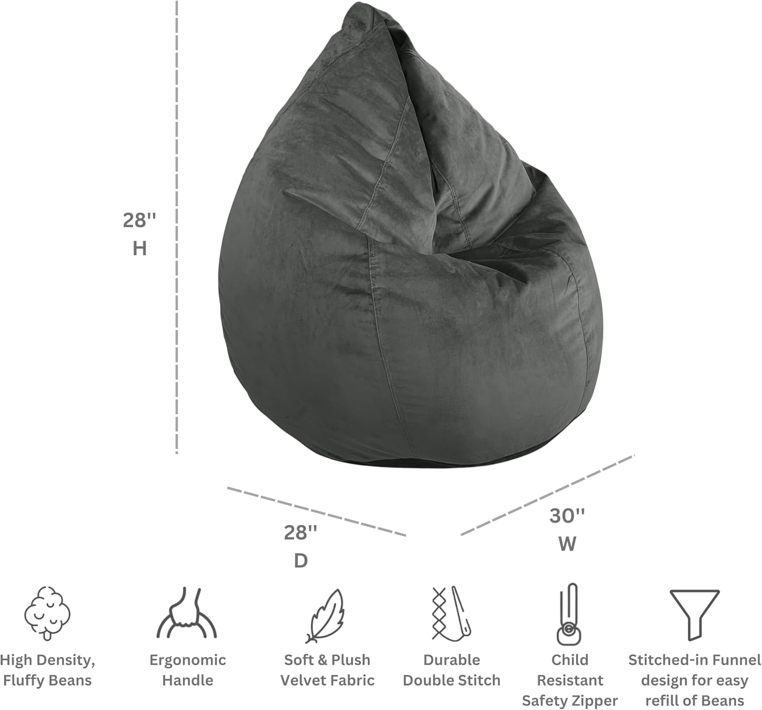 Dojo Teardrop Bean Bag Chair (Filled) - Plush Ultra Sofa Giant Bean Bag for Adults, Teens, Kids - Double Stitched, Easy to Clean