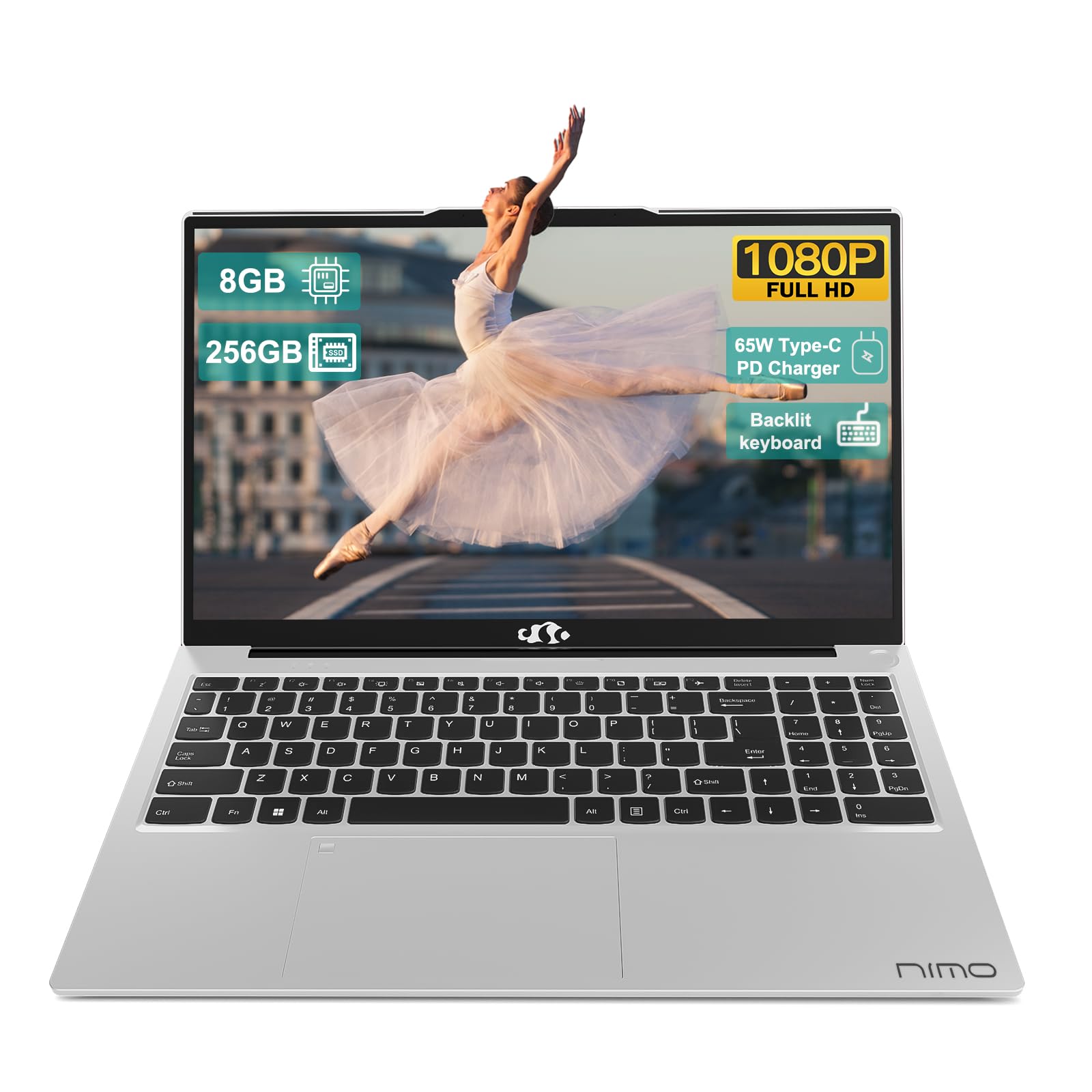 NIMO-Laptop 15.6 Student-Laptop, Intel 12th Generation Processors, 8GB RAM 256GB SSD, Backlit Keyboard Fingerprint FHD Laptop Wi-Fi 6 Windows 11 Laptop for School Home Travel