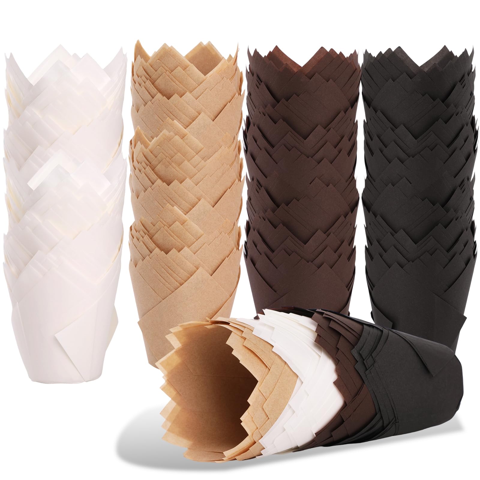 GeeRic 200 PCS Tulip Cupcake Liners, Greaseproof Baking Cups for Muffins, Cupcakes, Desserts and Pastries, Oven Safe Paper Baking Liners for Parties, Weddings and Bakery Use, 4 Colors