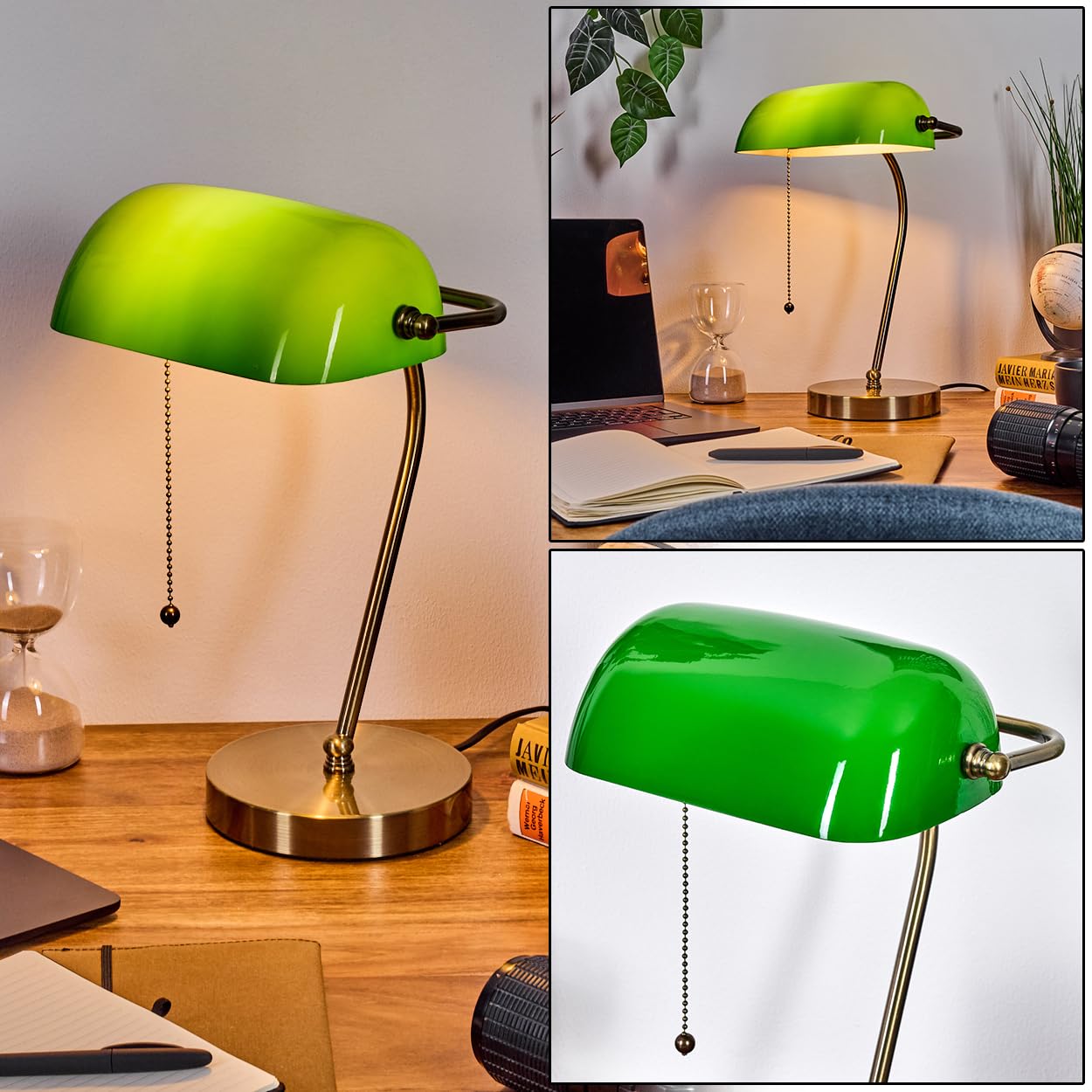 HOFSTEIN Tischleuchte Tremoceira, Tischlampe aus Metall/Glas in Altmessing/Grün/Weiß, traditionelle Bankerlampe, Schreibtischlampe für Büros im Retro/Vintage-Design mit Zugnschnur, Höhe 38 cm, 1 x E27