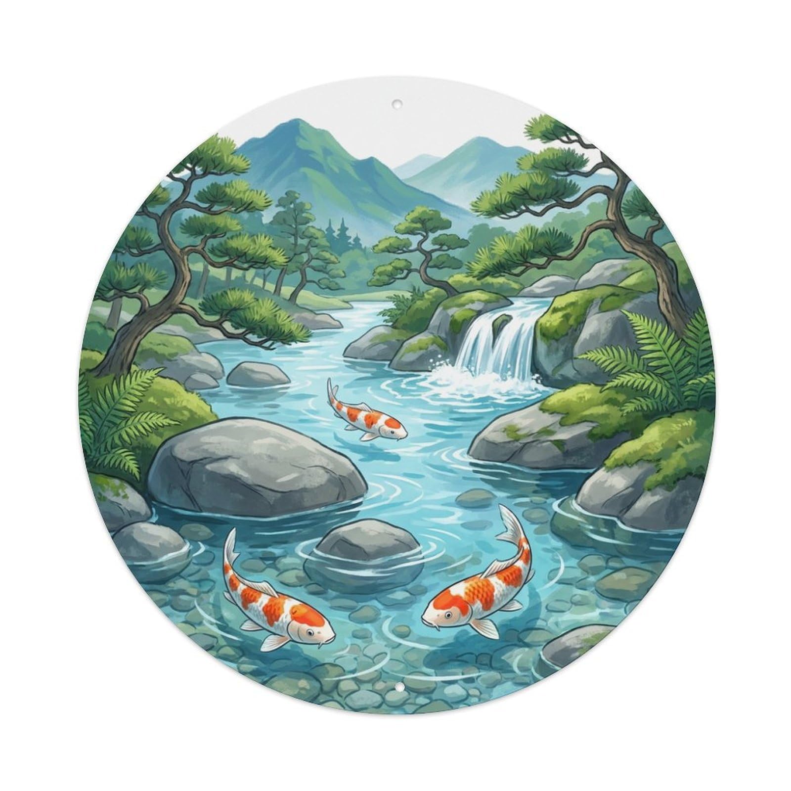 Galvaxio Style Japanese Koi Fish Mountain Stream Crystal Clear Metal Tin Sign