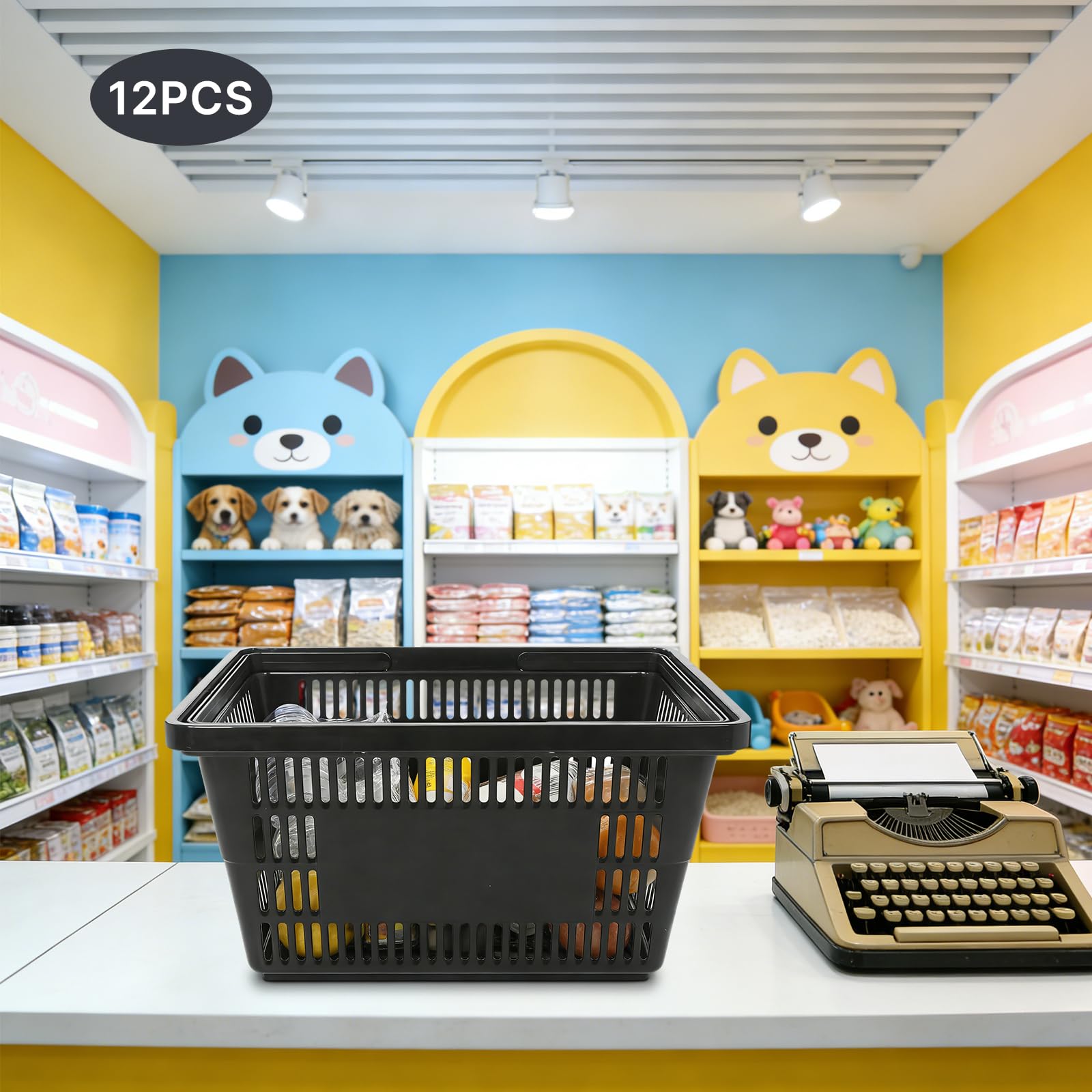 12er Set Einkaufskorb 28L aus Kunststoff, stapelbarer Korb mit Tragegriff für Supermarkt, Buchhandlungen & KTV, 48x26x33cm, für Kleidung, Obst & Spielzeug (schwarz)